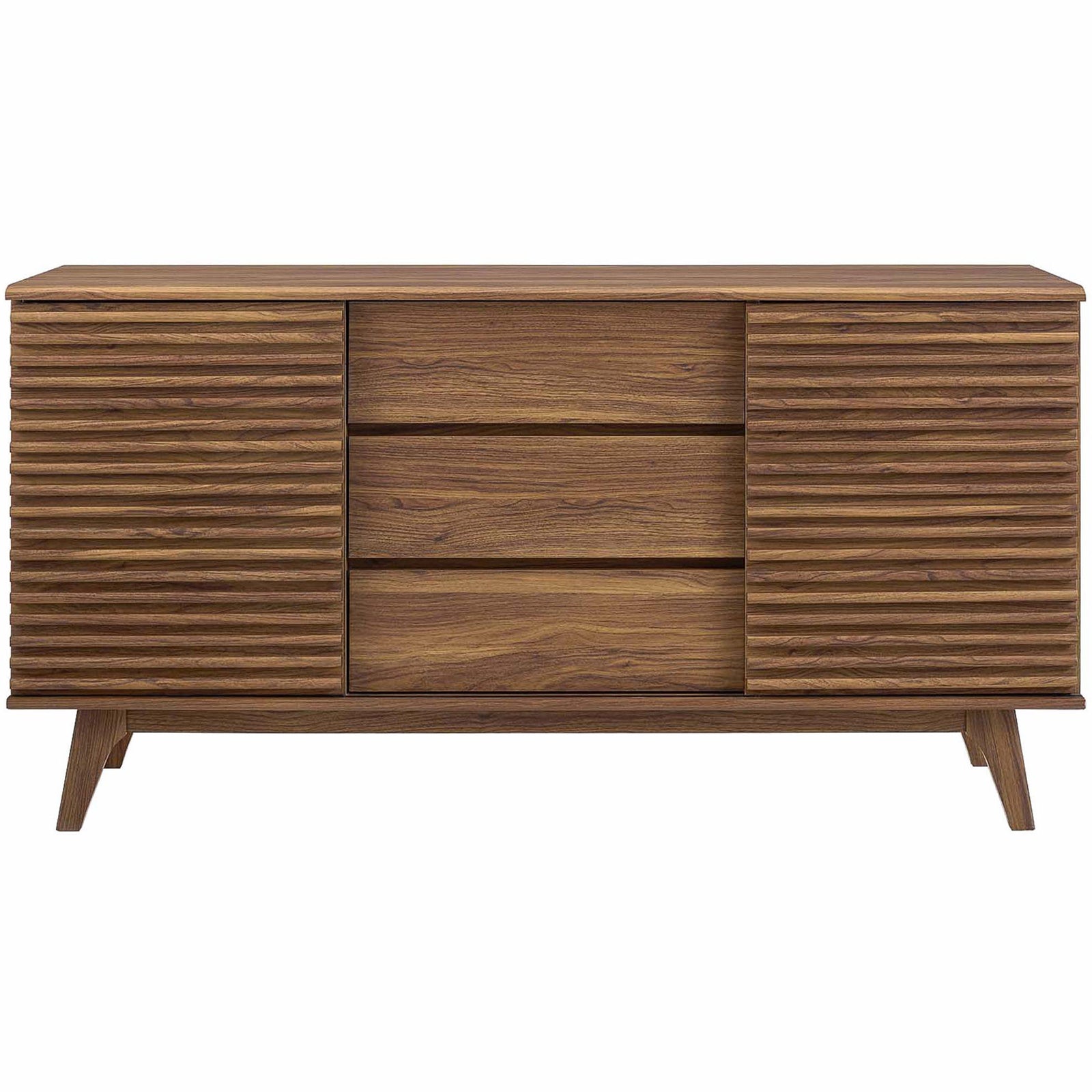 Walnut sideboard buffet with textured sliding doors and three center storage drawers || EEI-3344-WAL || front_studio
