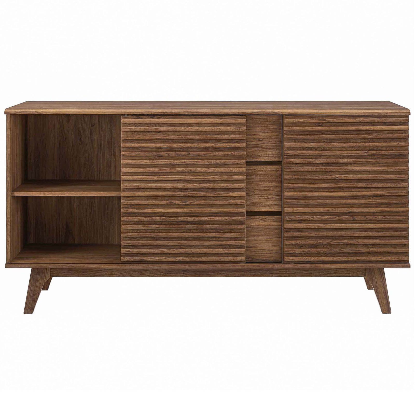 Walnut buffet with left side shelving exposed, perfect for stacking glassware and ceramics || EEI-3344-WAL || front_open_studio