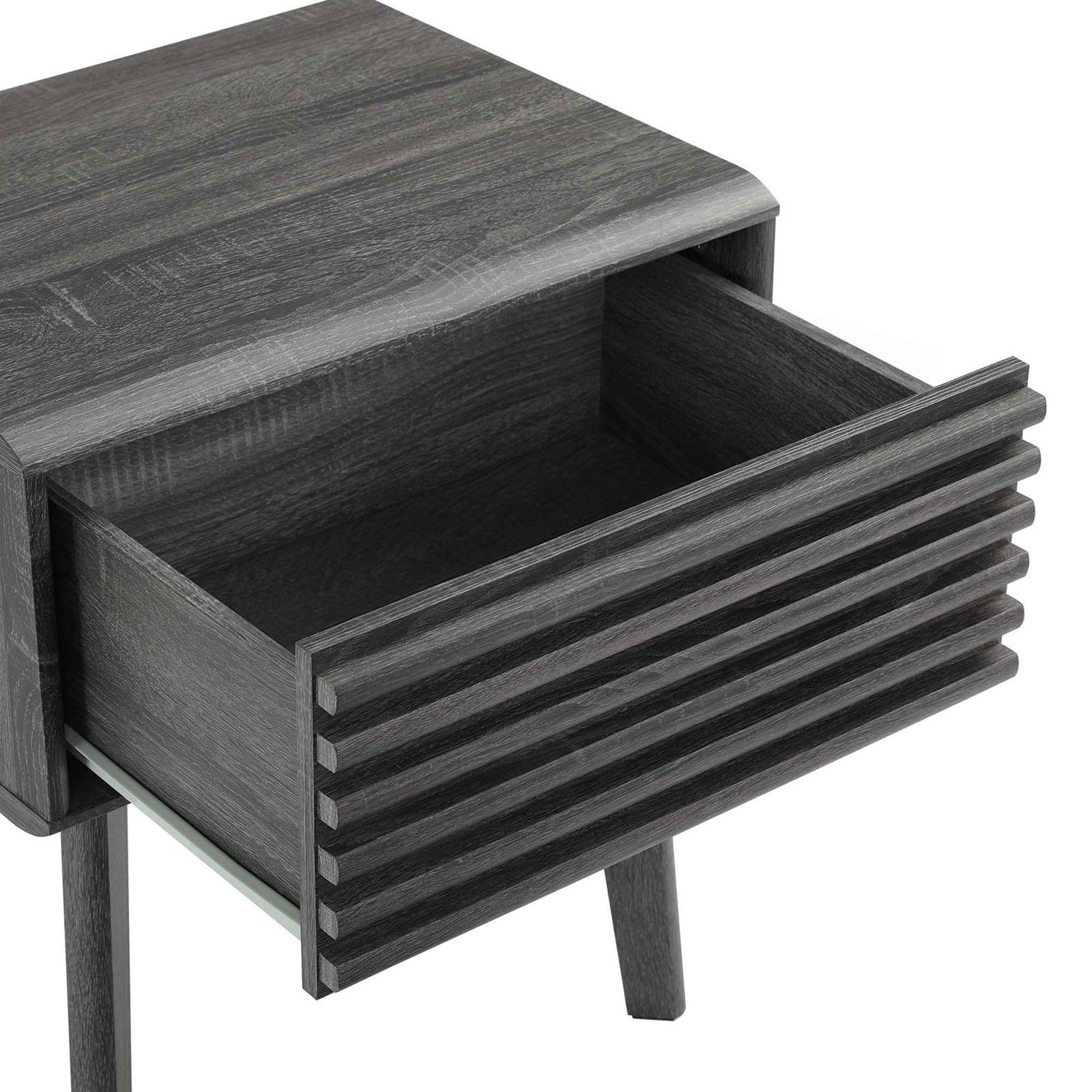 Open drawer revealing spacious storage inside charcoal wood nightstand with slatted front || EEI-3345-CHA || storage_open_studio
