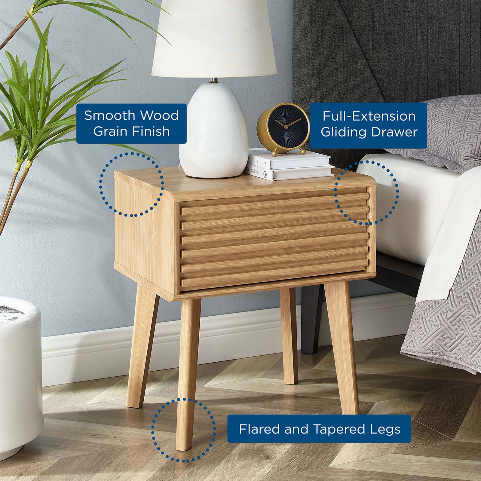 Bedroom nightstand with graphic callouts for wood grain finish, drawer, and legs || EEI-3345-OAK || callout_room