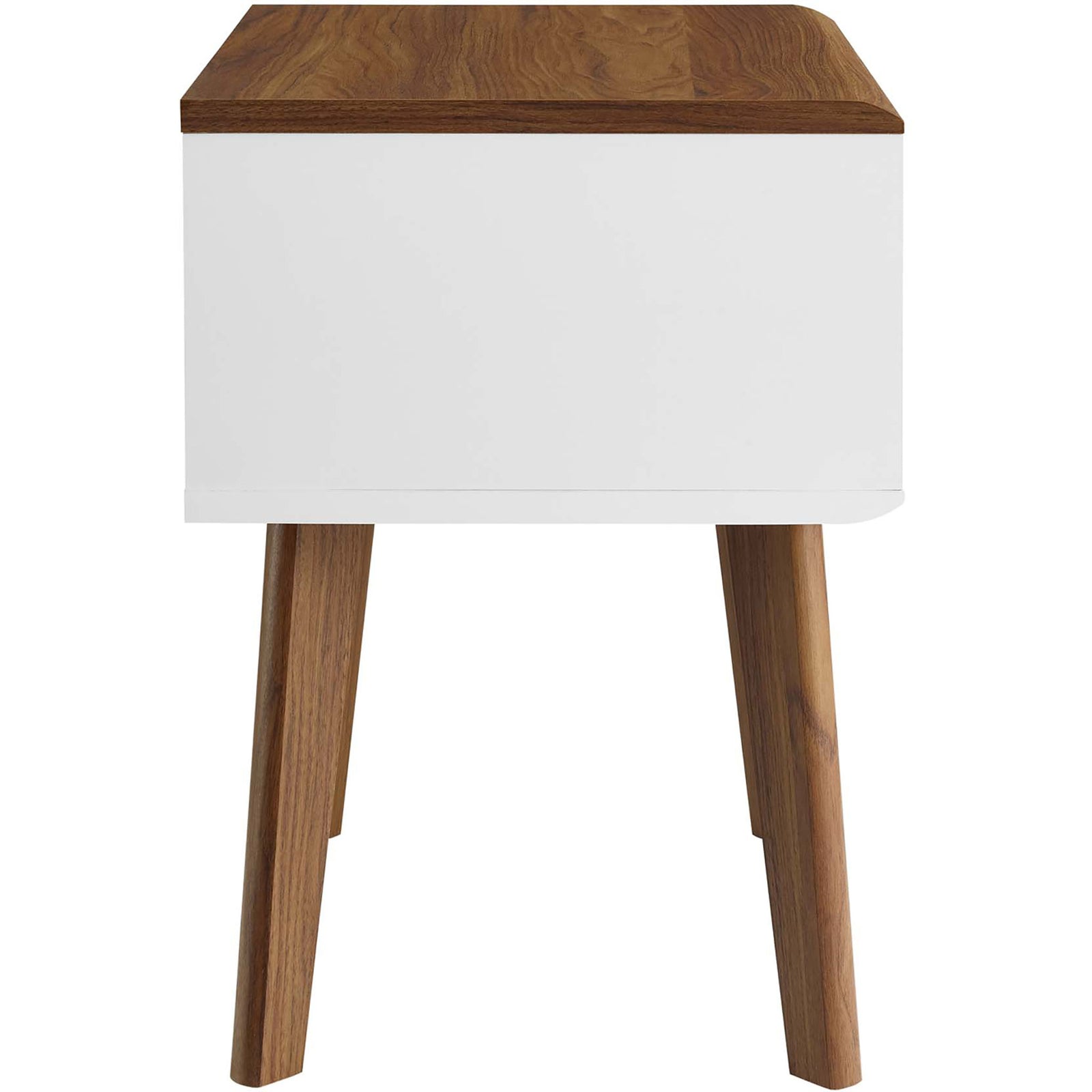 Slim profile walnut and white nightstand showing compact depth and mid-century leg design || EEI-3345-WAL-WHI || side_studio