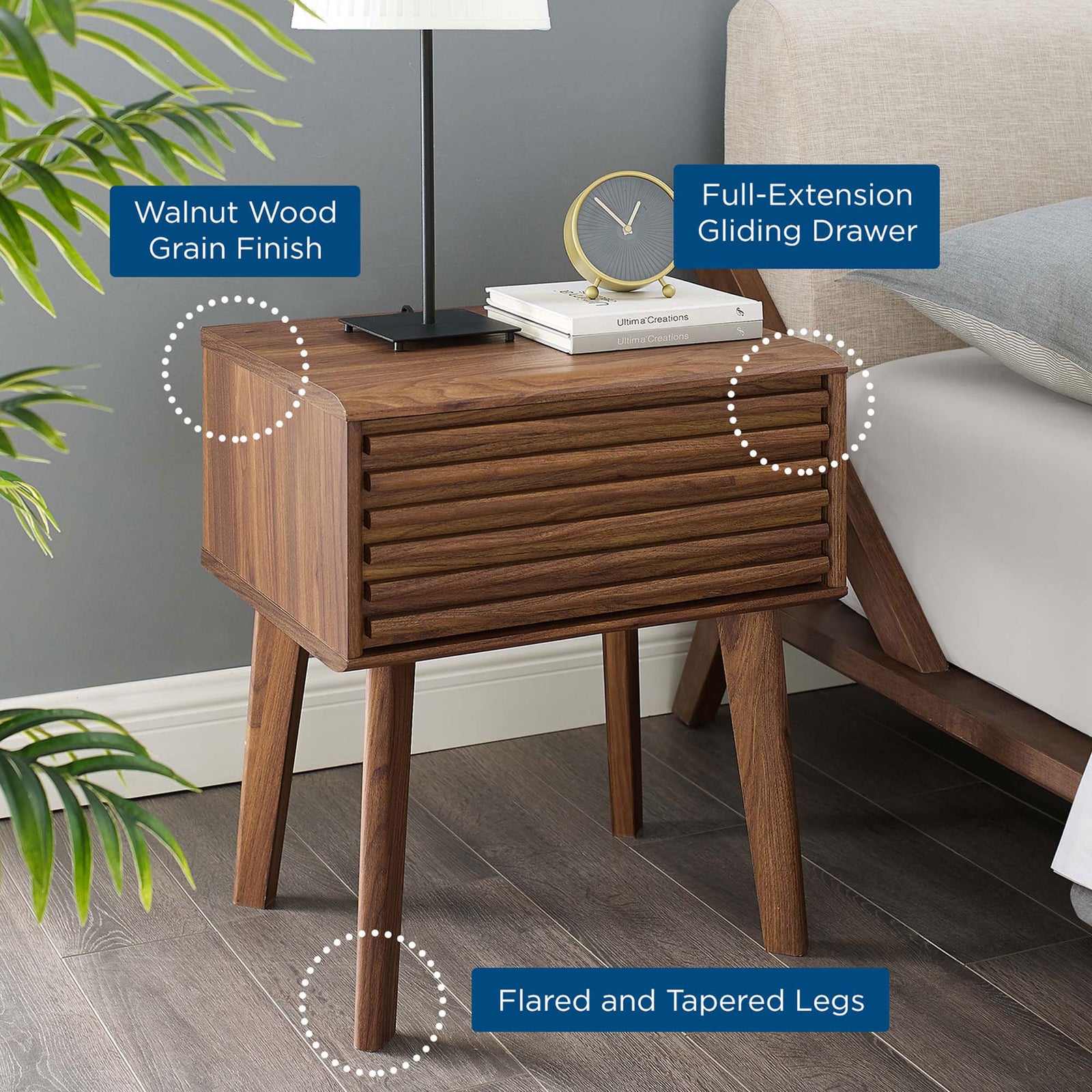 Walnut nightstand beside bed with graphic highlights for full-extension drawer and flared tapered legs || EEI-3345-WAL || callout_room