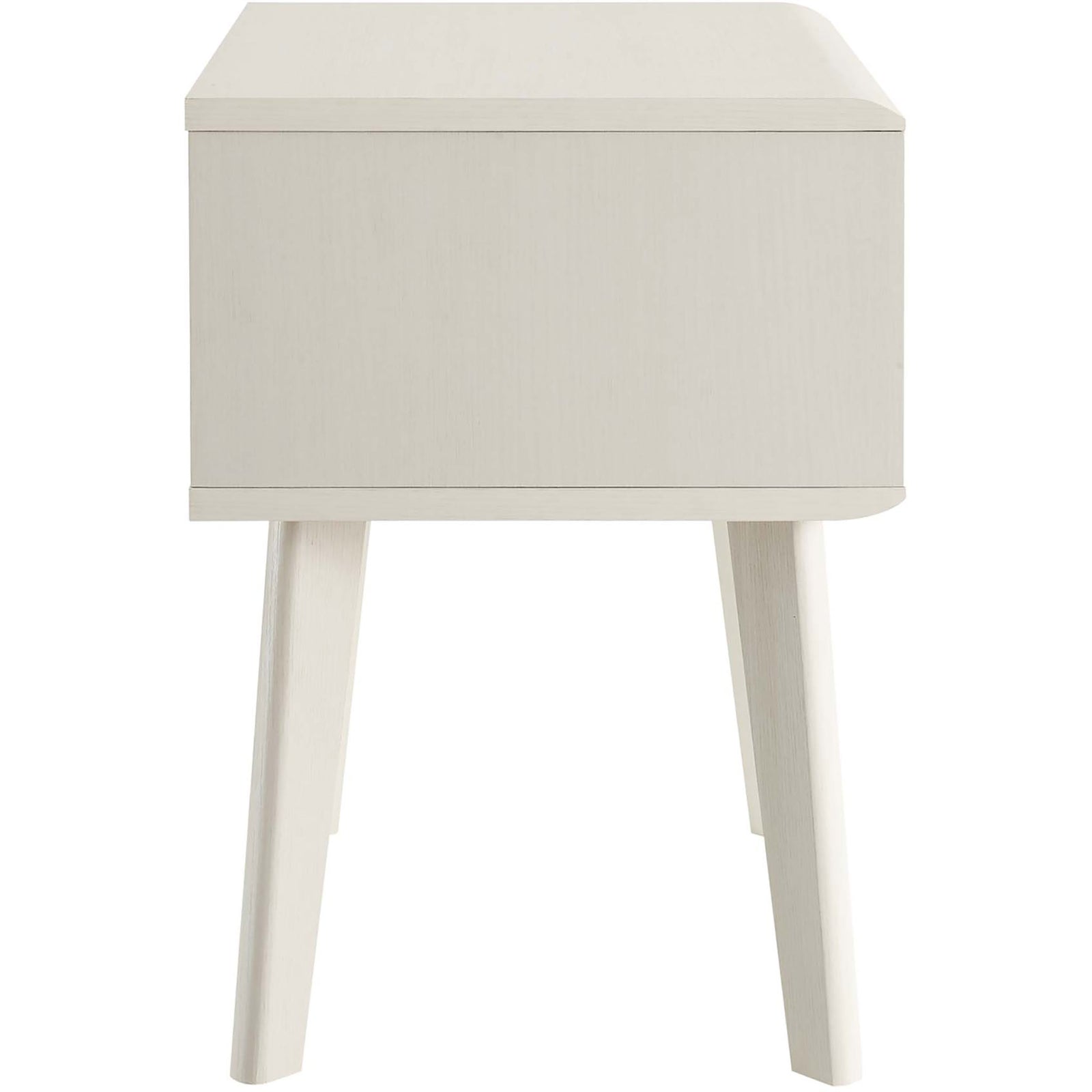 Slim white nightstand profile showcasing clean lines and splayed wood legs that bring mid-century style to your room. || EEI-3345-WHI || side_studio