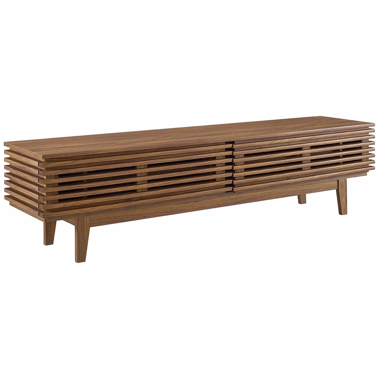 Walnut TV stand with slatted doors and timeless mid-century silhouette. || EEI-3348-WAL || front_angle_studio