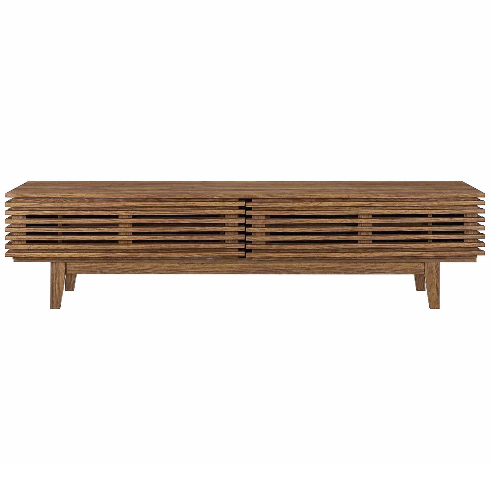 Walnut TV stand offering concealed storage behind horizontal slatted doors. || EEI-3348-WAL || front_studio