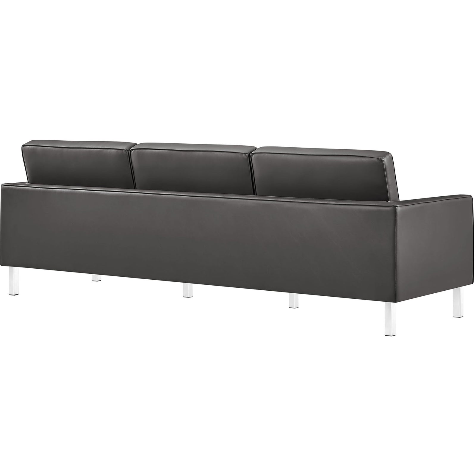 Gray vegan leather sofa with a smooth tailored back, plush cushions, and modern metal legs || EEI-3385-SLV-GRY || back_angle_studio