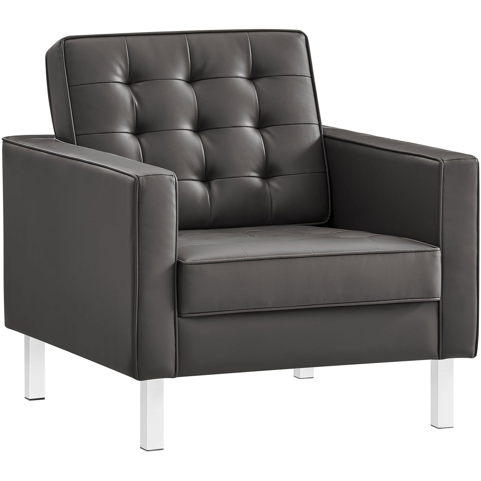 Mid-century box-arm chair in silver gray vegan leather with deep seat and dense foam padding || EEI-3391-SLV-GRY || front_angle_studio