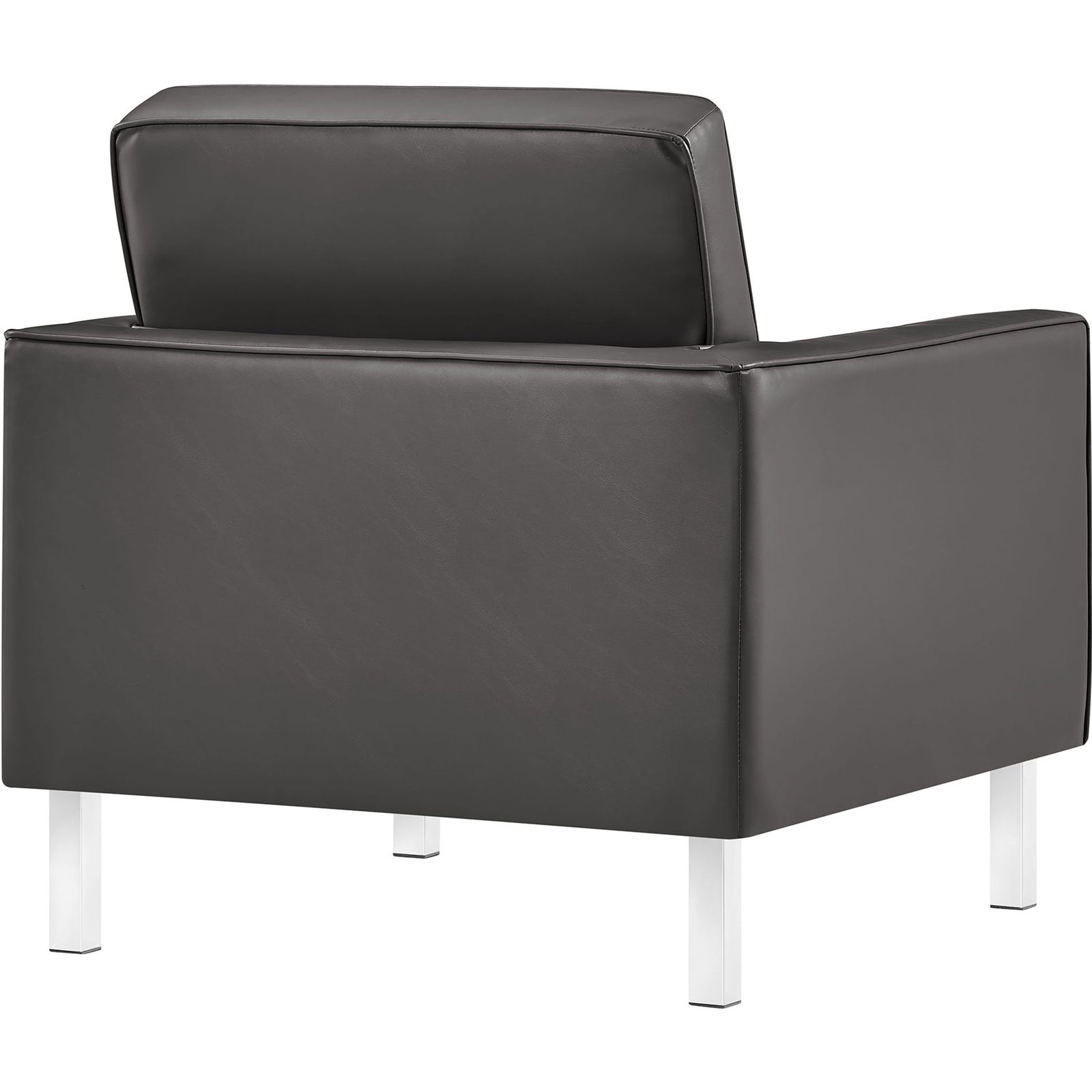 Sleek tailored back and smooth vegan leather with chrome-finished legs || EEI-3391-SLV-GRY || back_angle_studio