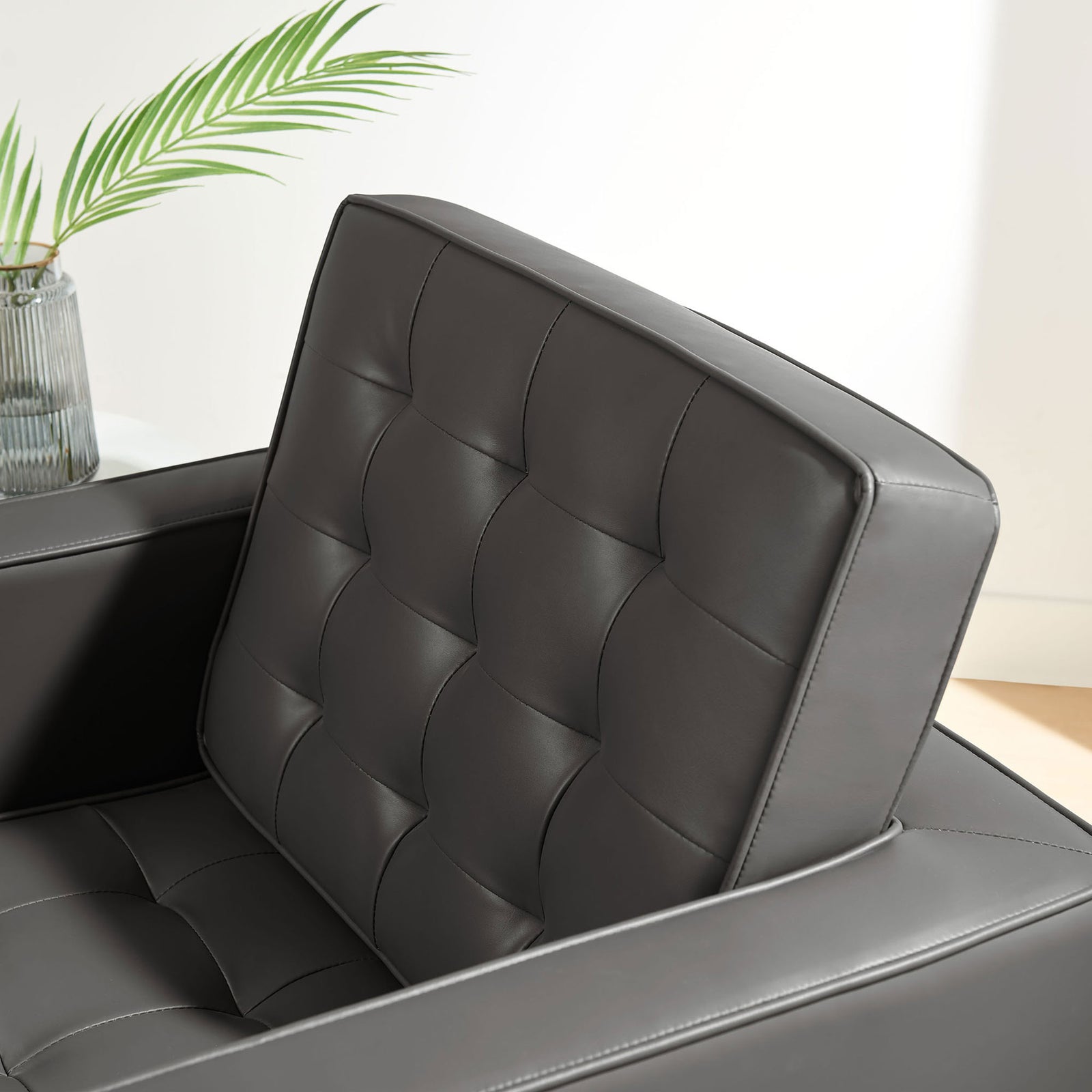 Tufted back cushion in silver gray vegan leather adds plush texture and support || EEI-3391-SLV-GRY || detail_room