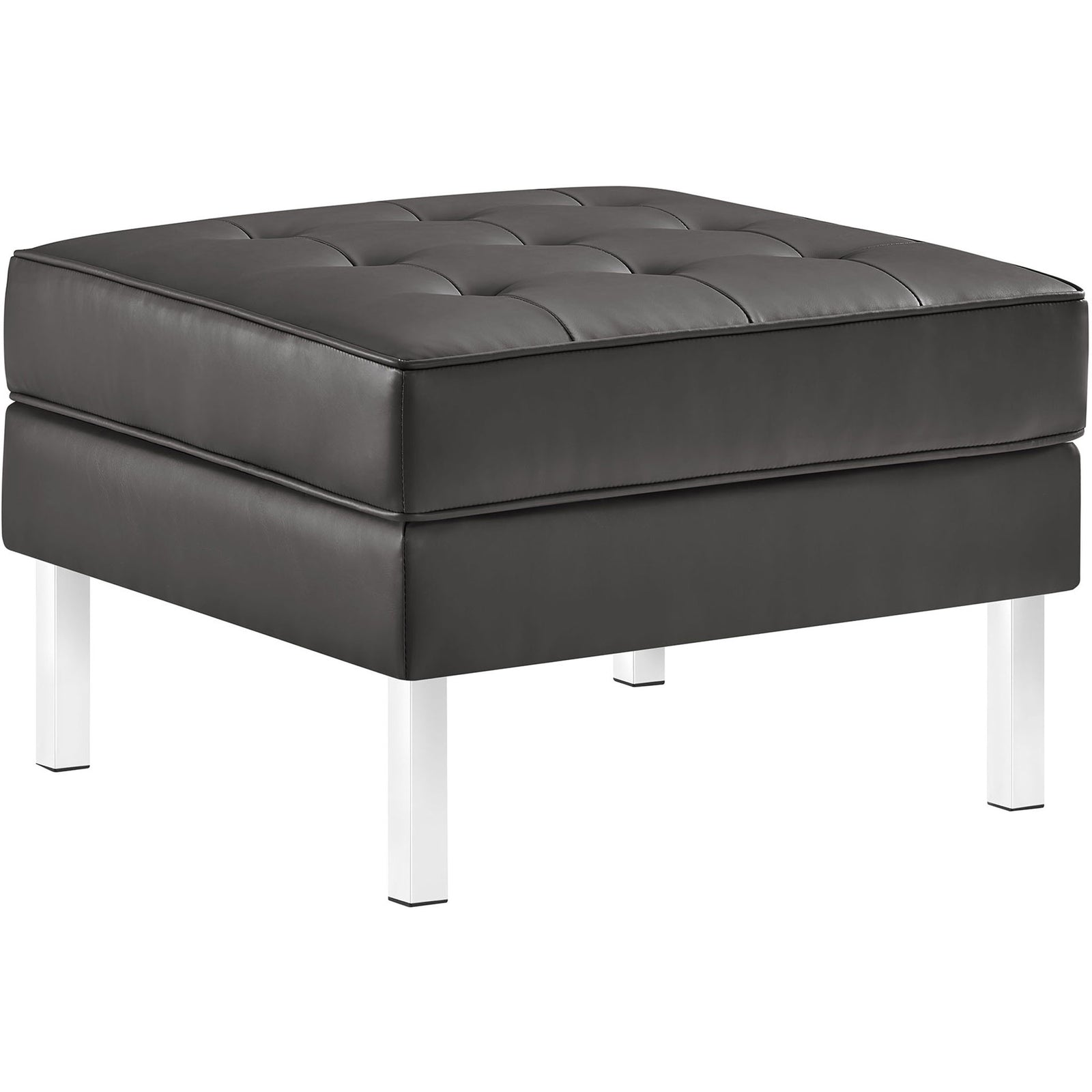 Modern square ottoman in silver gray vegan leather with plush biscuit tufting and gleaming stainless steel legs || EEI-3394-SLV-GRY || front_angle_studio