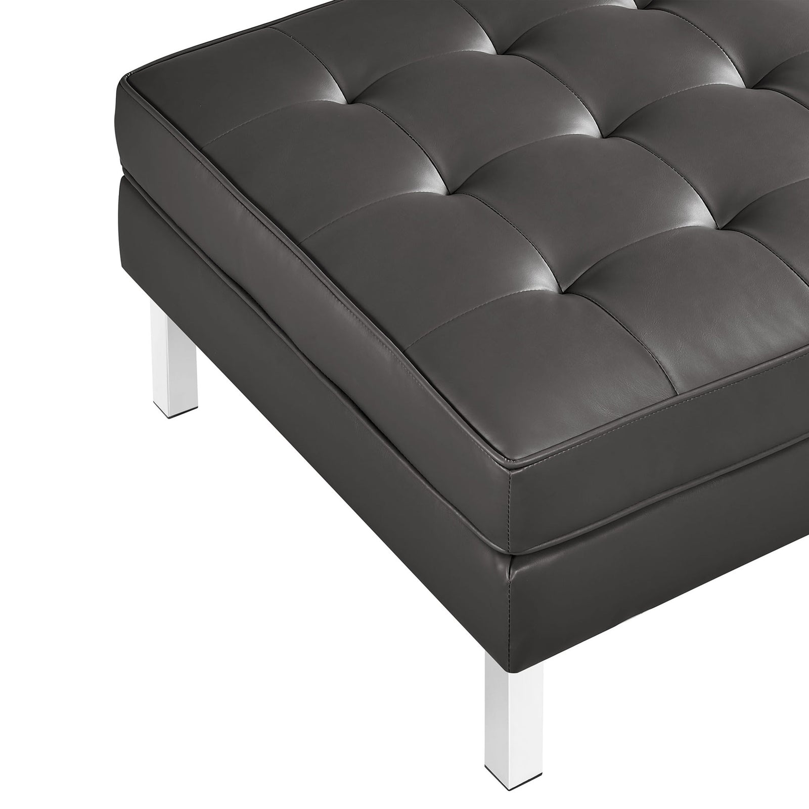 Close-up of tufted vegan leather cushion showing smooth silver gray upholstery and deep biscuit tufting || EEI-3394-SLV-GRY || detail_studio