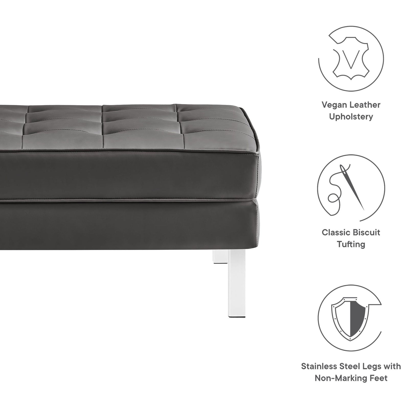 Ottoman detail highlighting vegan leather upholstery, classic biscuit tufting, and stainless steel legs with foot caps || EEI-3394-SLV-GRY || callout_studio