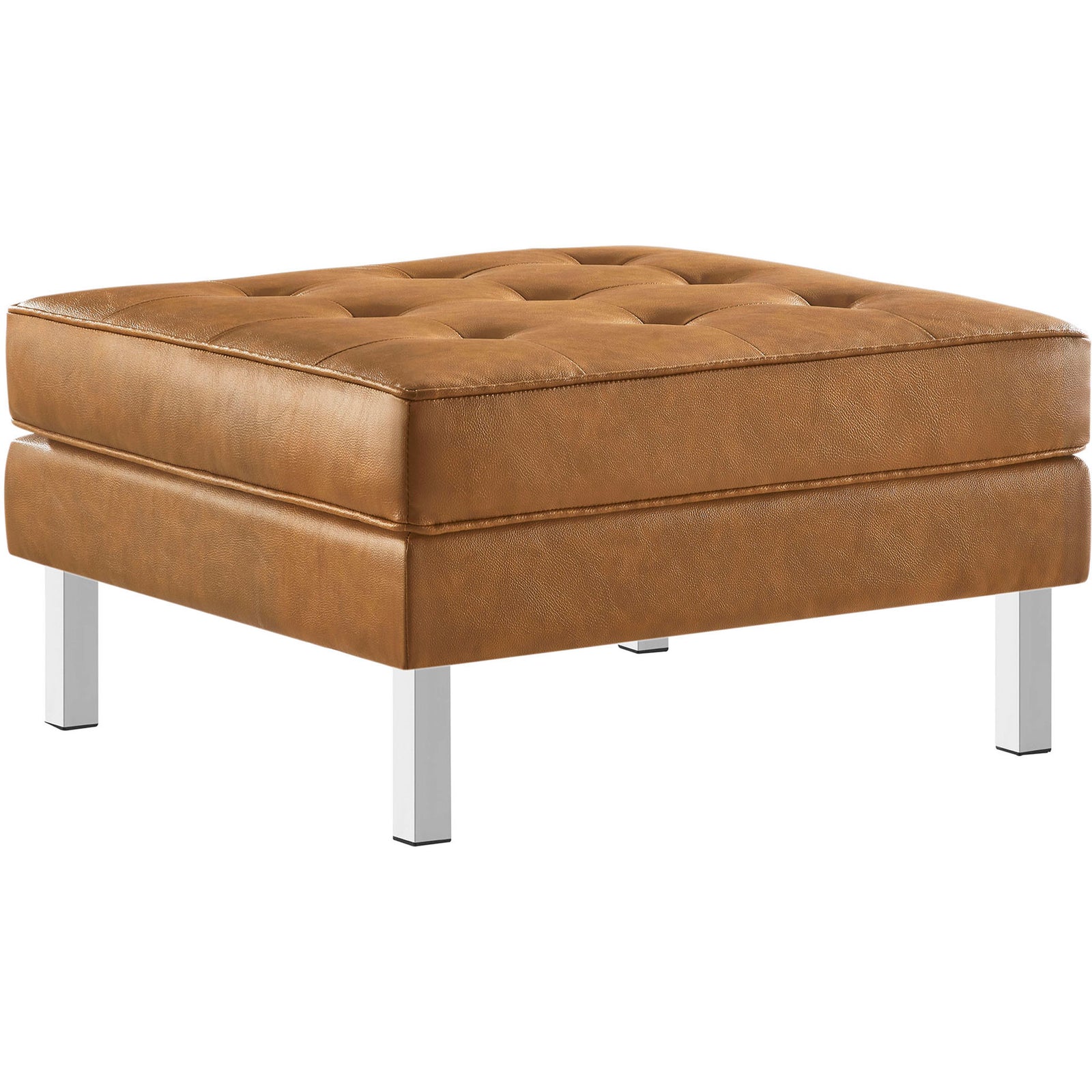 Tan vegan leather ottoman with biscuit tufting and sleek stainless steel legs || EEI-3394-SLV-TAN || front_angle_studio