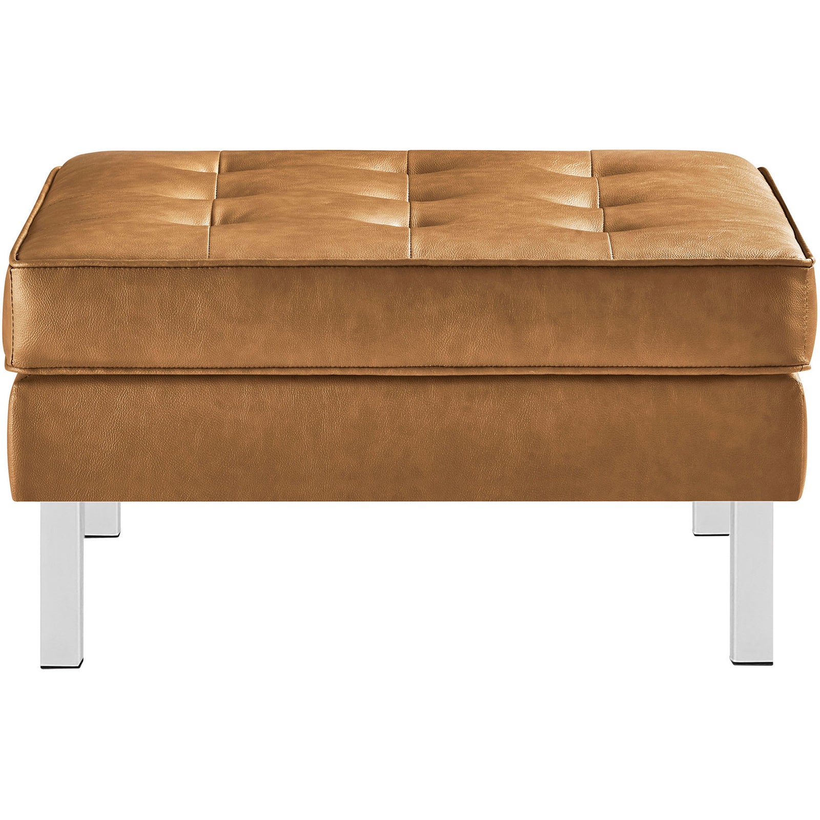 Modern square ottoman in tan vegan leather with button tufting and slender stainless steel legs || EEI-3394-SLV-TAN || front_studio