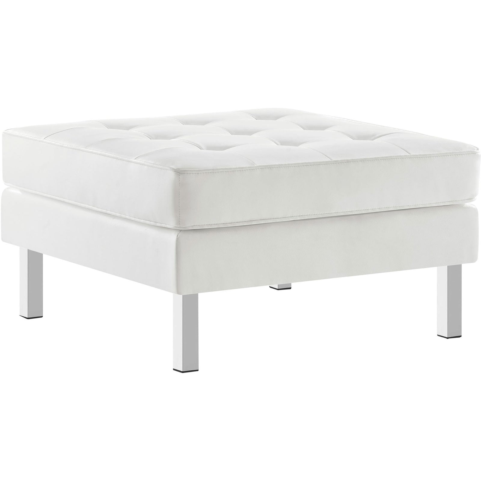 Modern square ottoman in white vegan leather with deep biscuit tufting and sleek stainless steel legs || EEI-3394-SLV-WHI || front_angle_studio