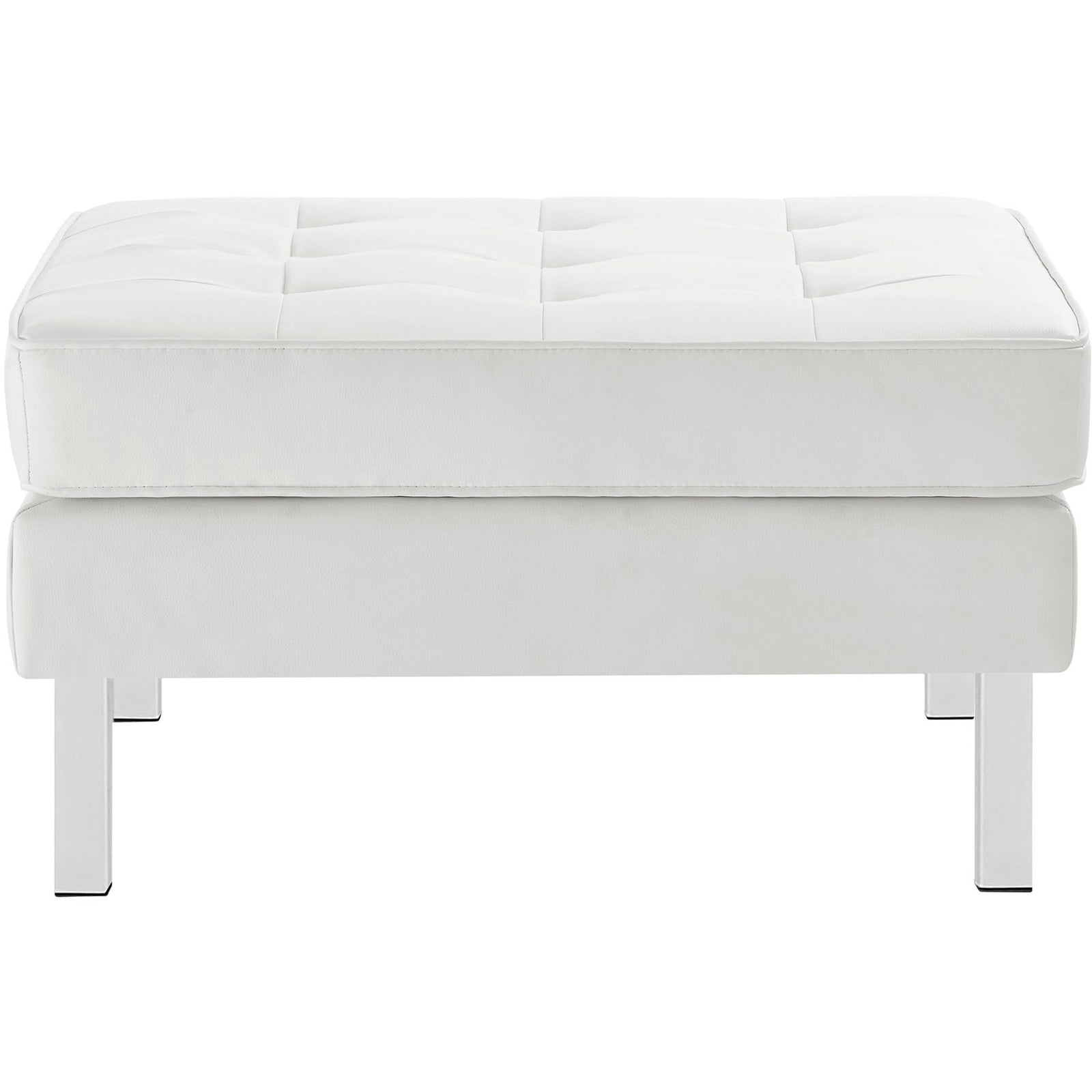 White tufted vegan leather ottoman with sleek square lines and polished stainless steel legs || EEI-3394-SLV-WHI || front_studio