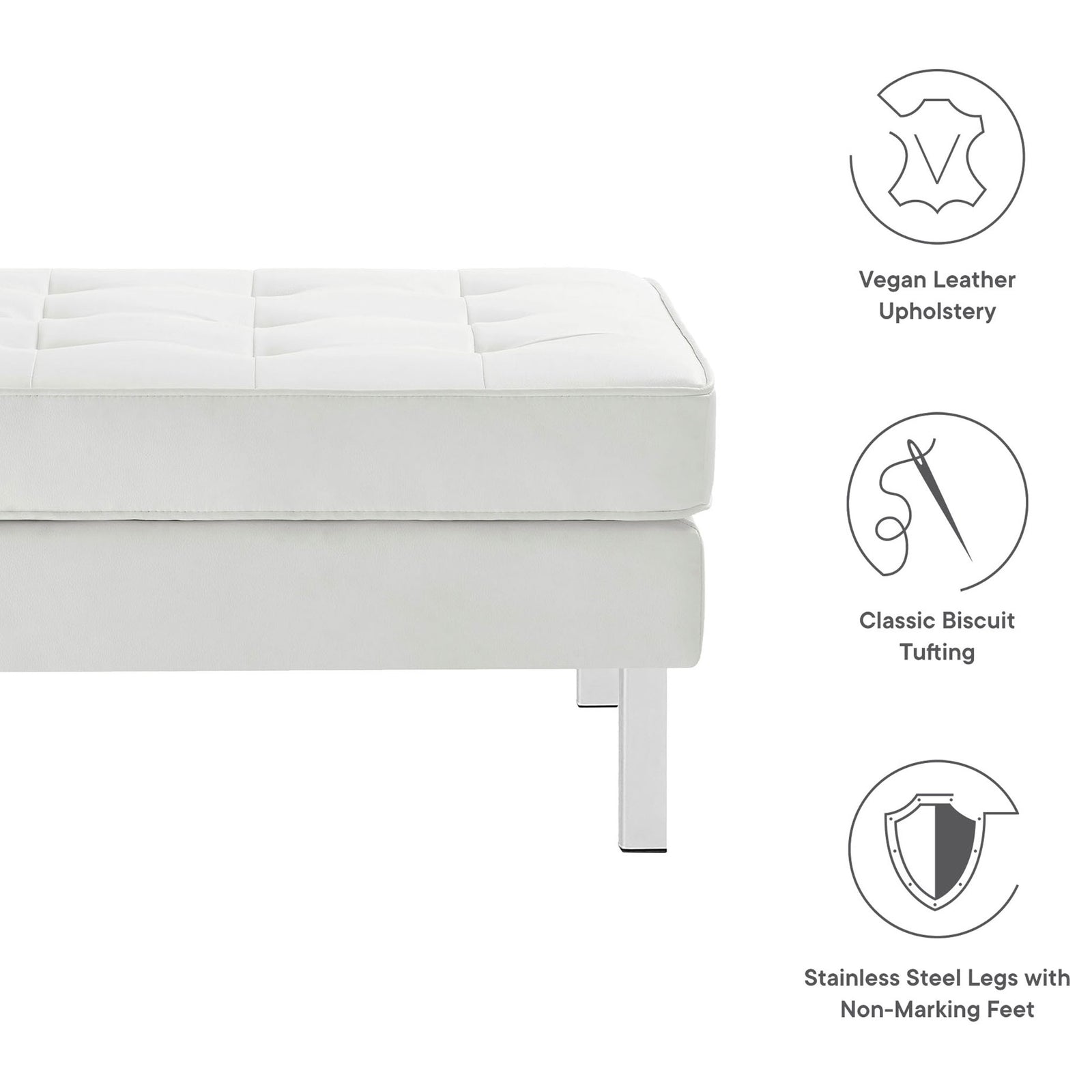 White vegan leather ottoman highlighting biscuit tufting, stainless steel legs, and non-marking feet || EEI-3394-SLV-WHI || callout_studio