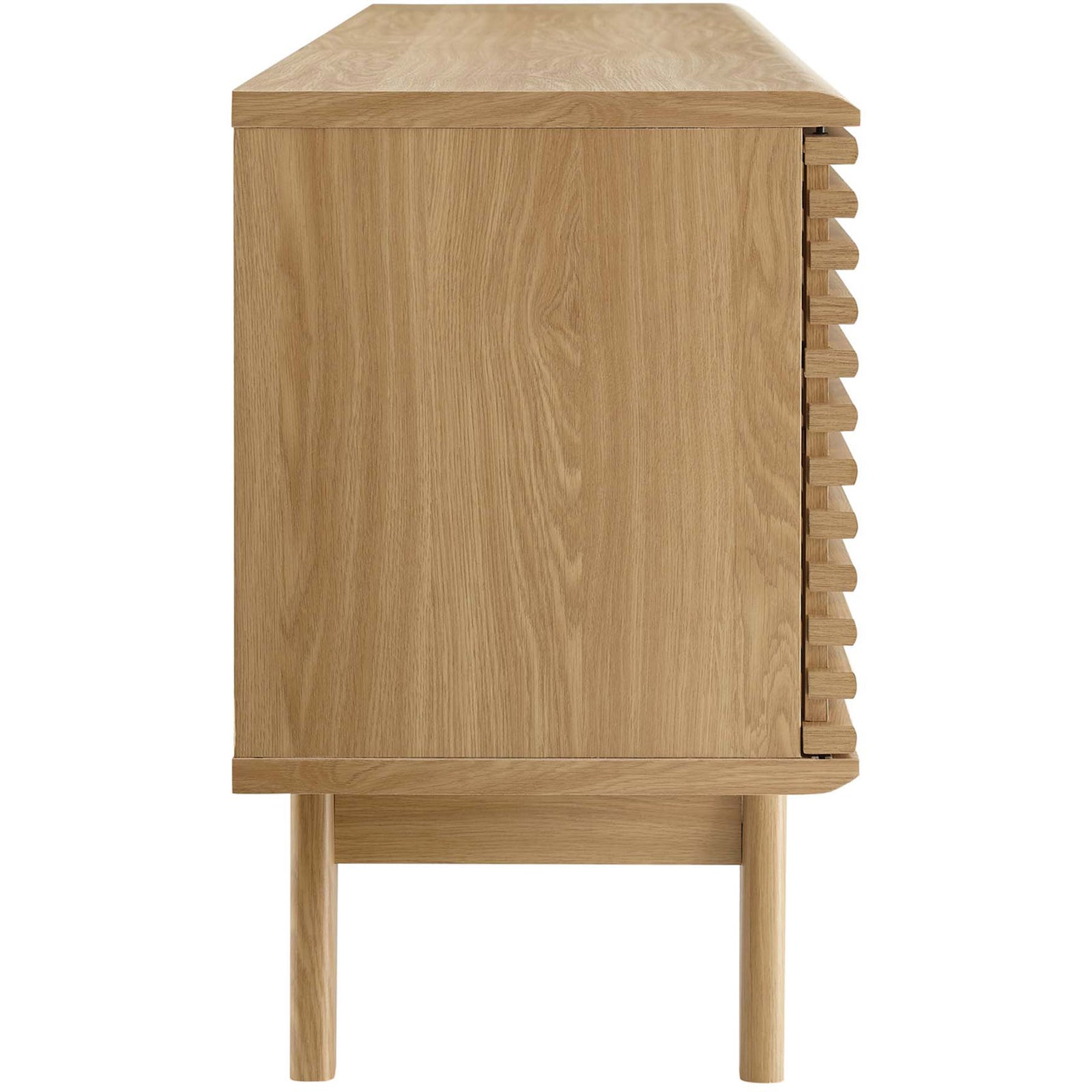 Oak media console highlighting smooth wood grain finish and slim mid-century silhouette || EEI-3433-OAK || side_studio