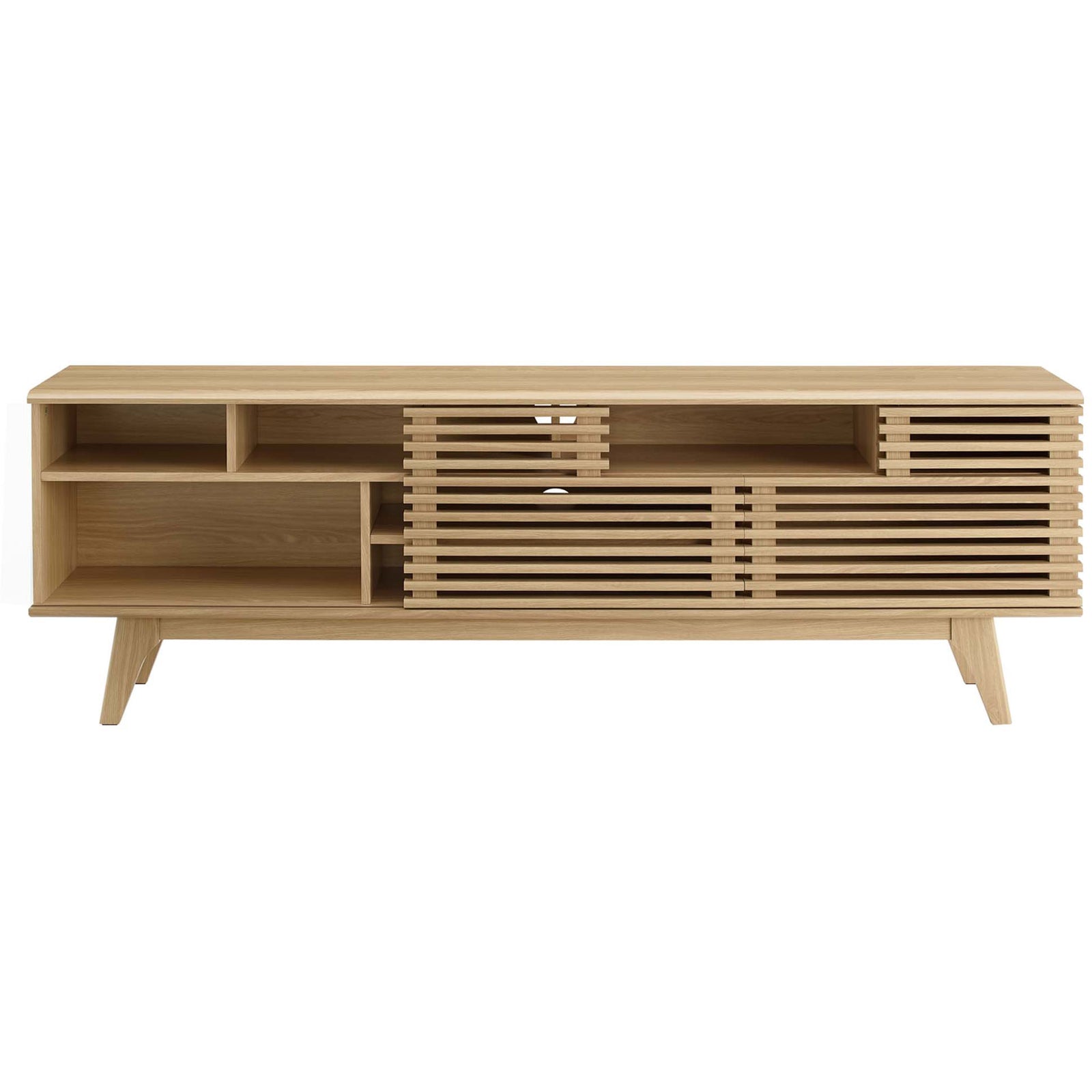 Mid-century oak media console with a slatted door revealing adjustable shelves || EEI-3433-OAK || front_studio
