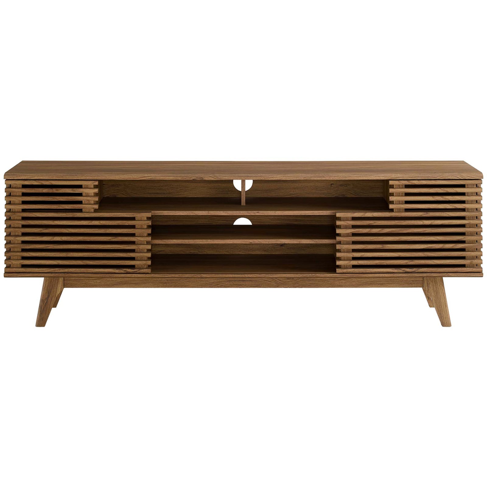 Walnut TV stand featuring adjustable shelving and flexible sliding slatted doors || EEI-3433-WAL || front_studio