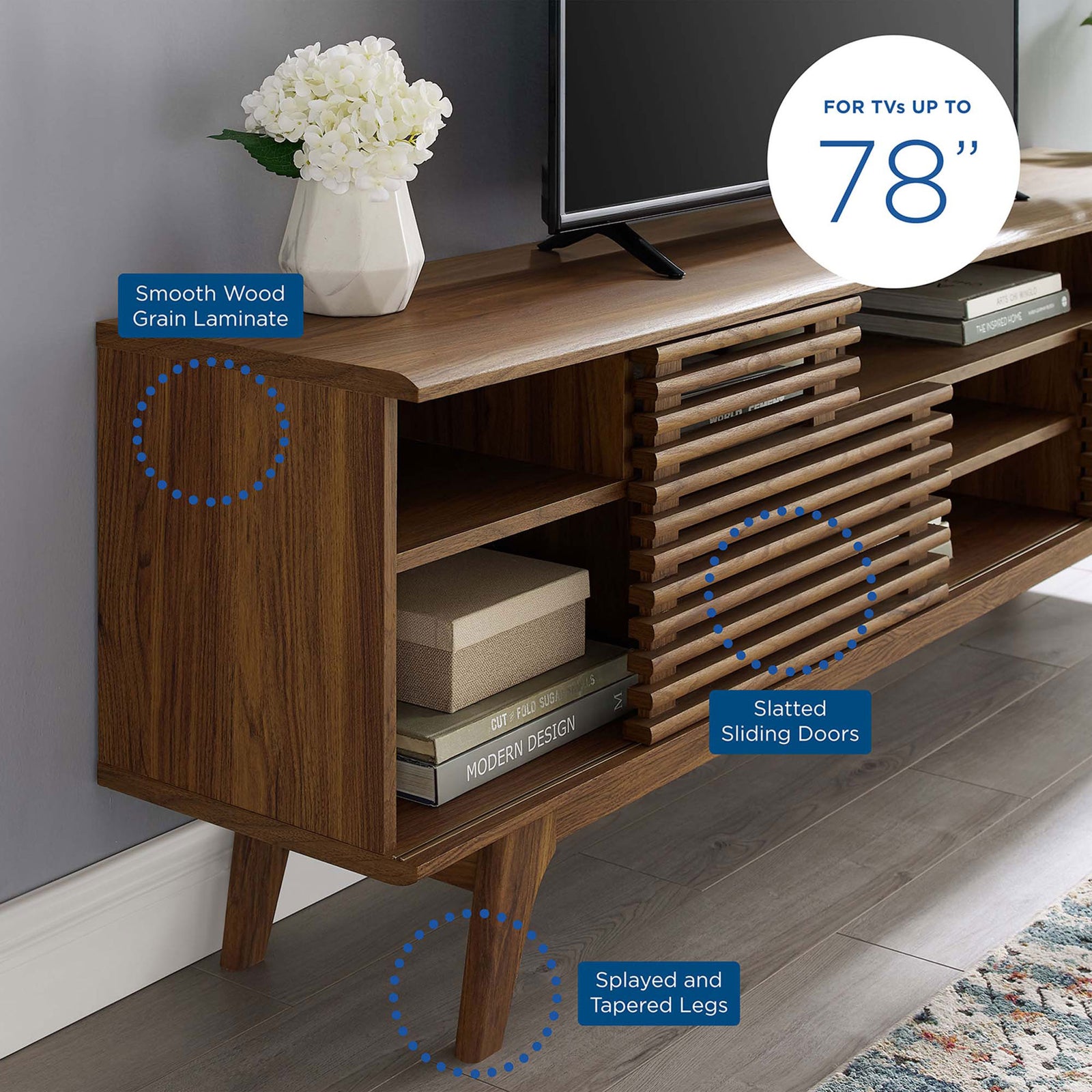Walnut media console with text callouts for TV size, wood grain laminate, and tapered legs || EEI-3433-WAL || callout_room