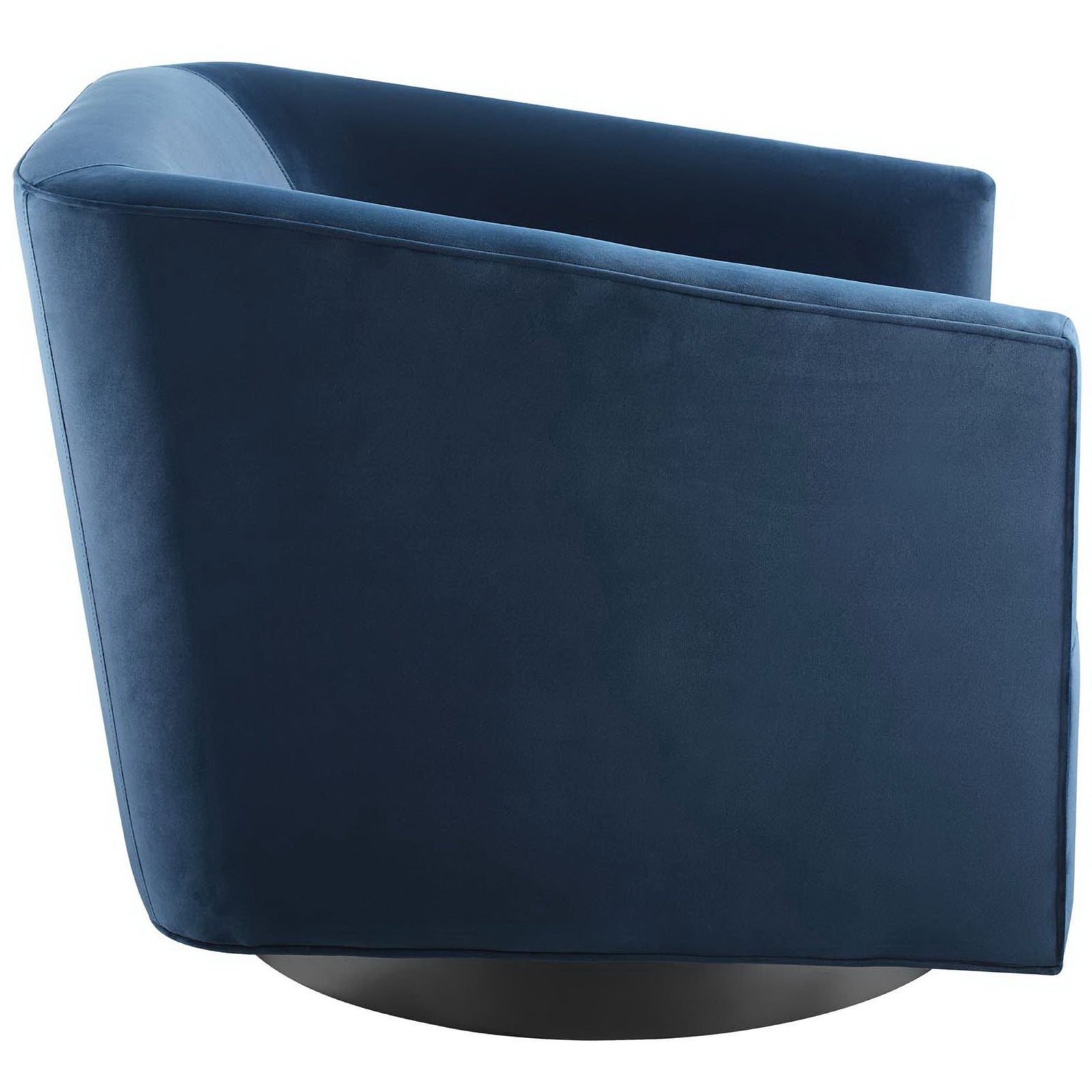 Curved profile highlights the wraparound arms and seamless upholstery in rich midnight blue. || EEI-3456-MID || side_studio