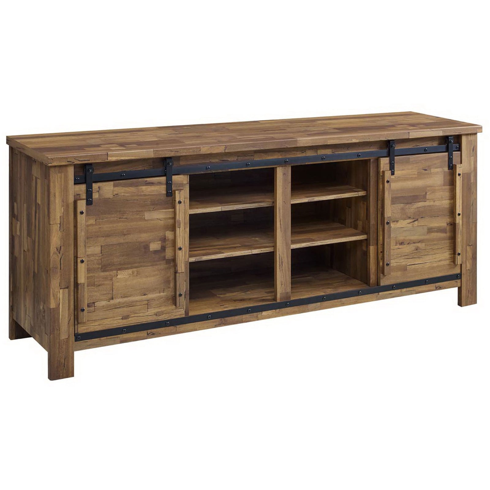 Long 71 inch walnut TV stand with black metal barn door hardware and central shelving compartments || EEI-3489-WAL || front_angle_studio