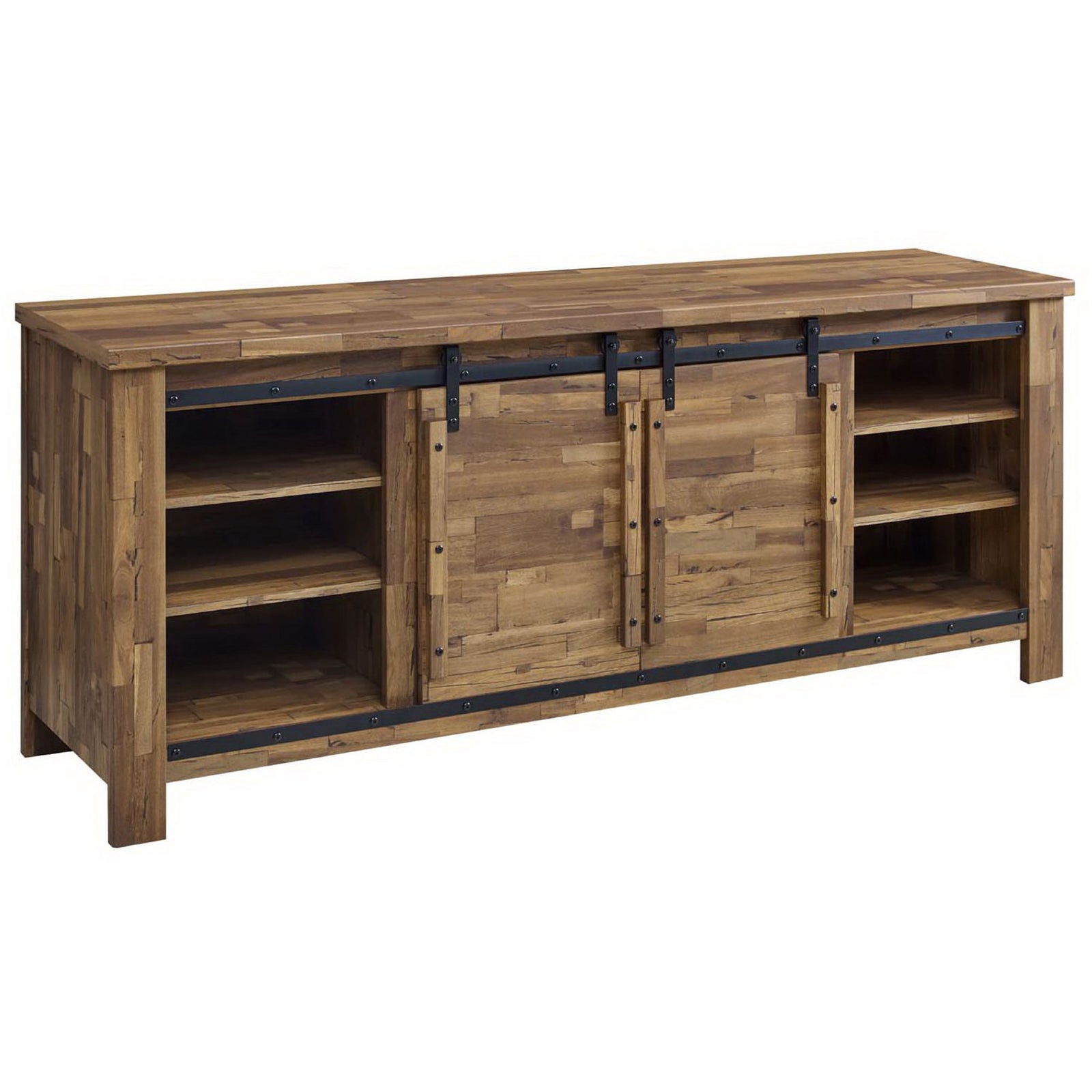 Walnut media console with barn-style sliding doors revealing spacious adjustable side shelves || EEI-3489-WAL || front_angle_studio
