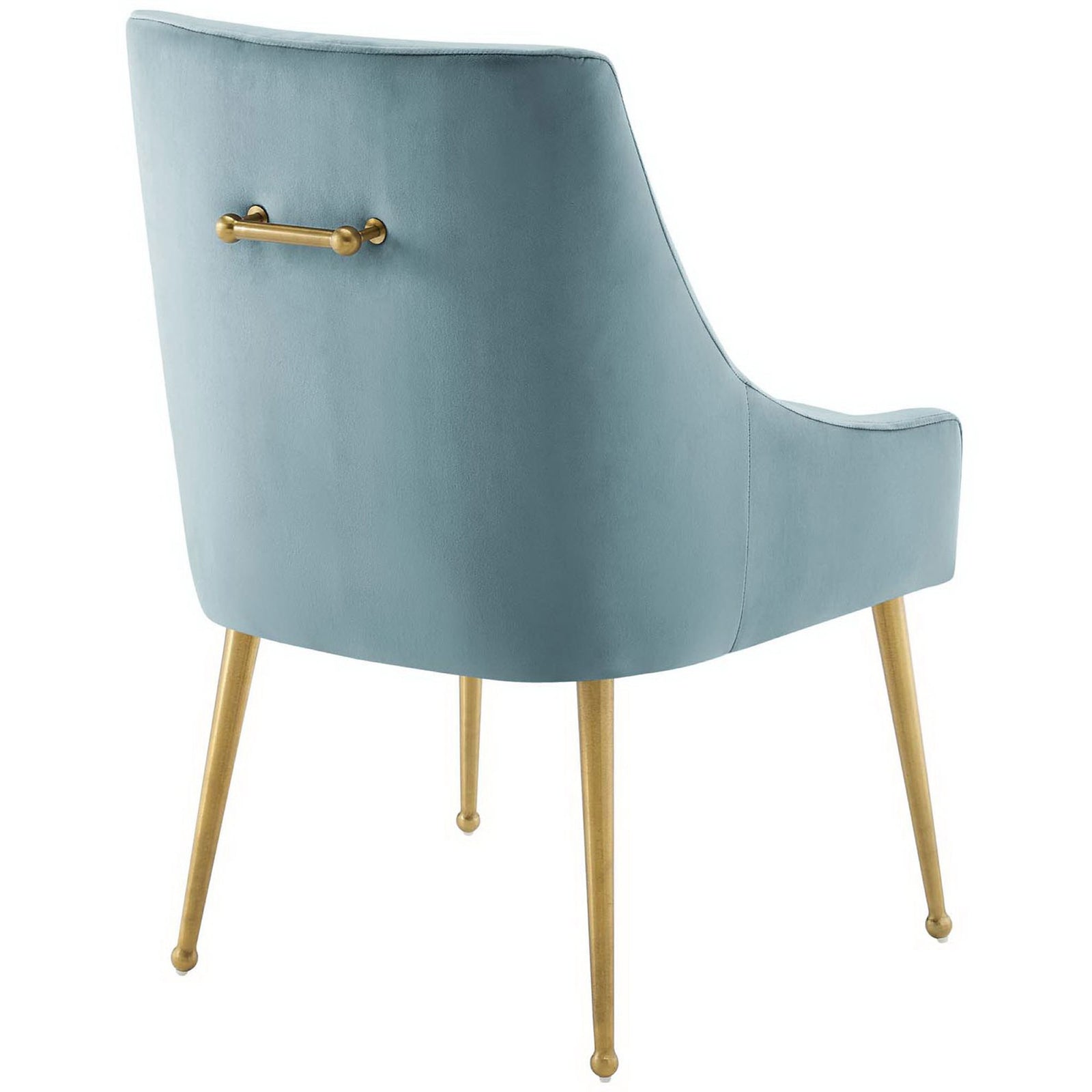 Light blue velvet dining chair featuring decorative gold back handle and sleek metal legs || EEI-3508-LBU || back_angle_studio