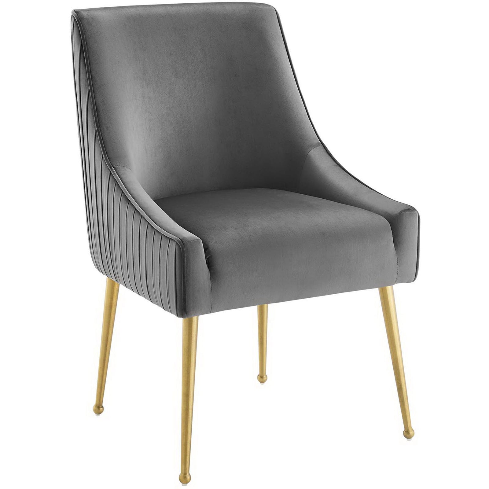 Pleated gray velvet dining chair with waterfall seat and slim gold legs for a chic, tailored look. || EEI-3509-GRY || front_angle_studio