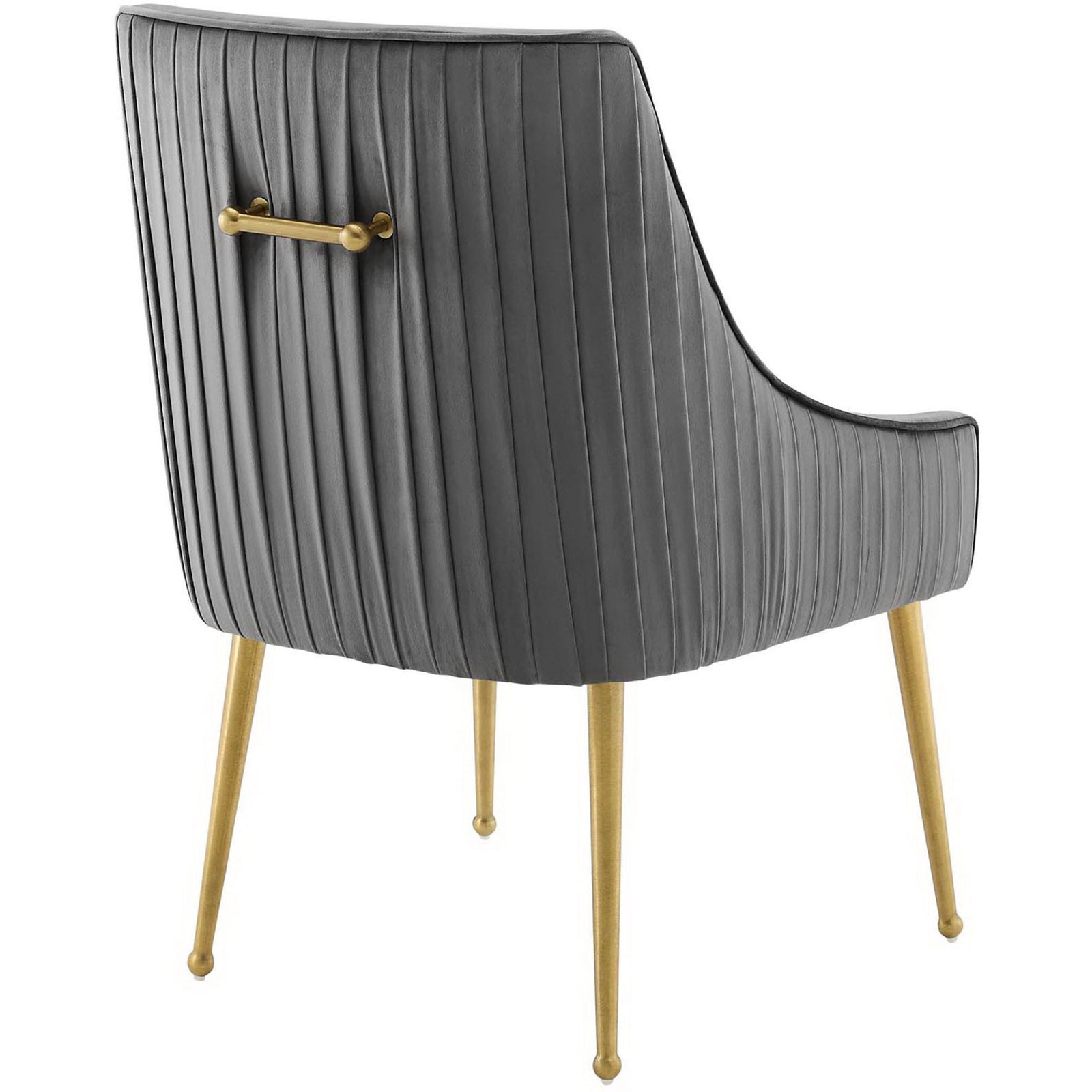 Back view of gray velvet dining chair with vertical pleats and a sleek gold pull handle. || EEI-3509-GRY || back_studio