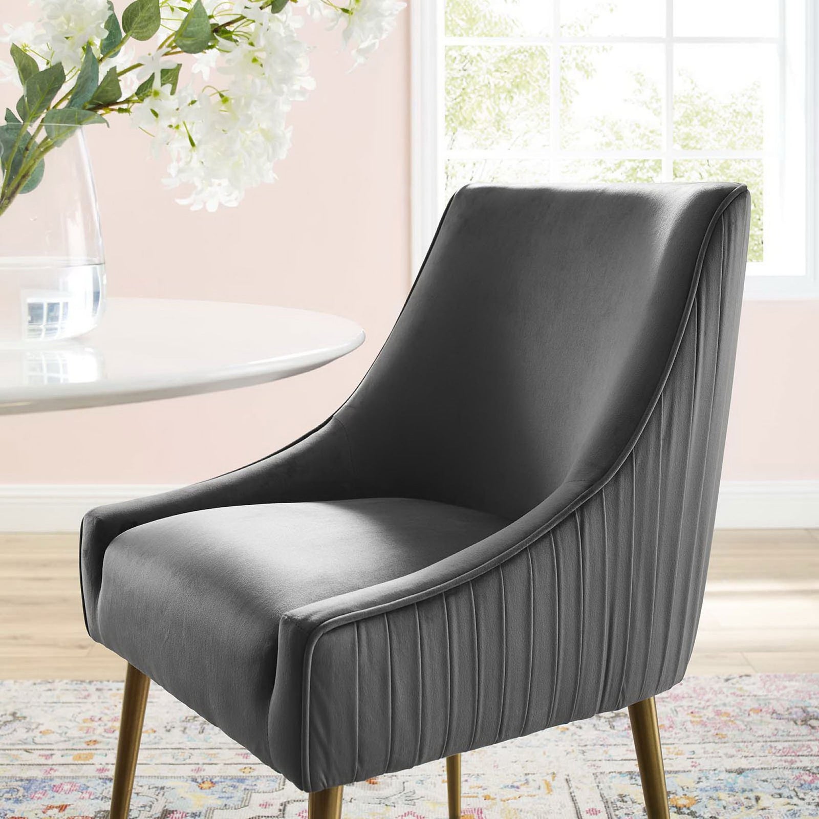 Gray velvet dining chair brings soft texture and gold shine to a bright, modern breakfast nook. || EEI-3509-GRY || front_angle_room