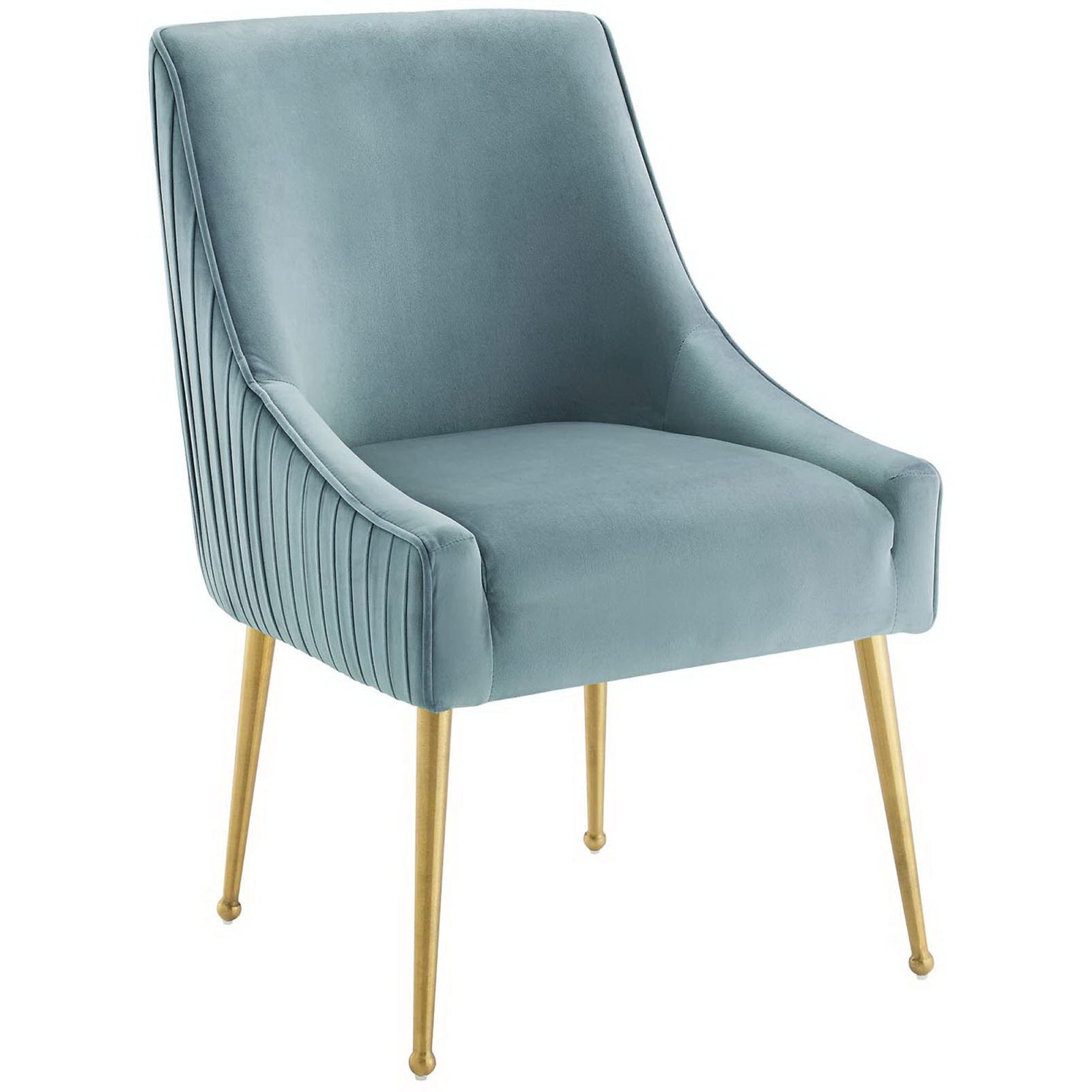 Light blue velvet dining chair with pleated sides and tapered brushed gold legs || EEI-3509-LBU || front_angle_studio