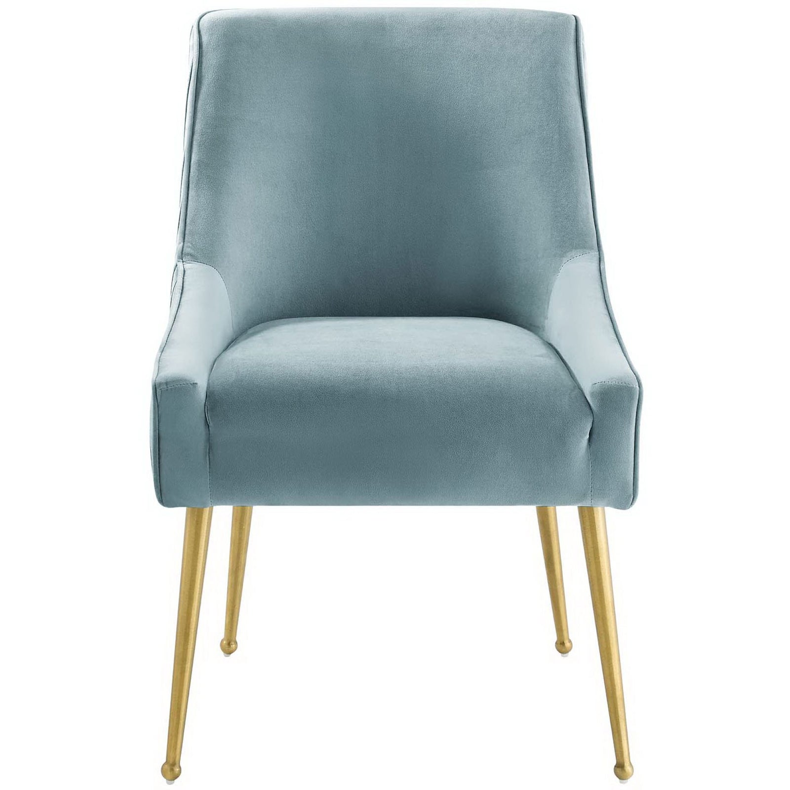 Light blue velvet dining chair with smooth seat, pleated sides, and splayed brushed gold legs || EEI-3509-LBU || front_studio