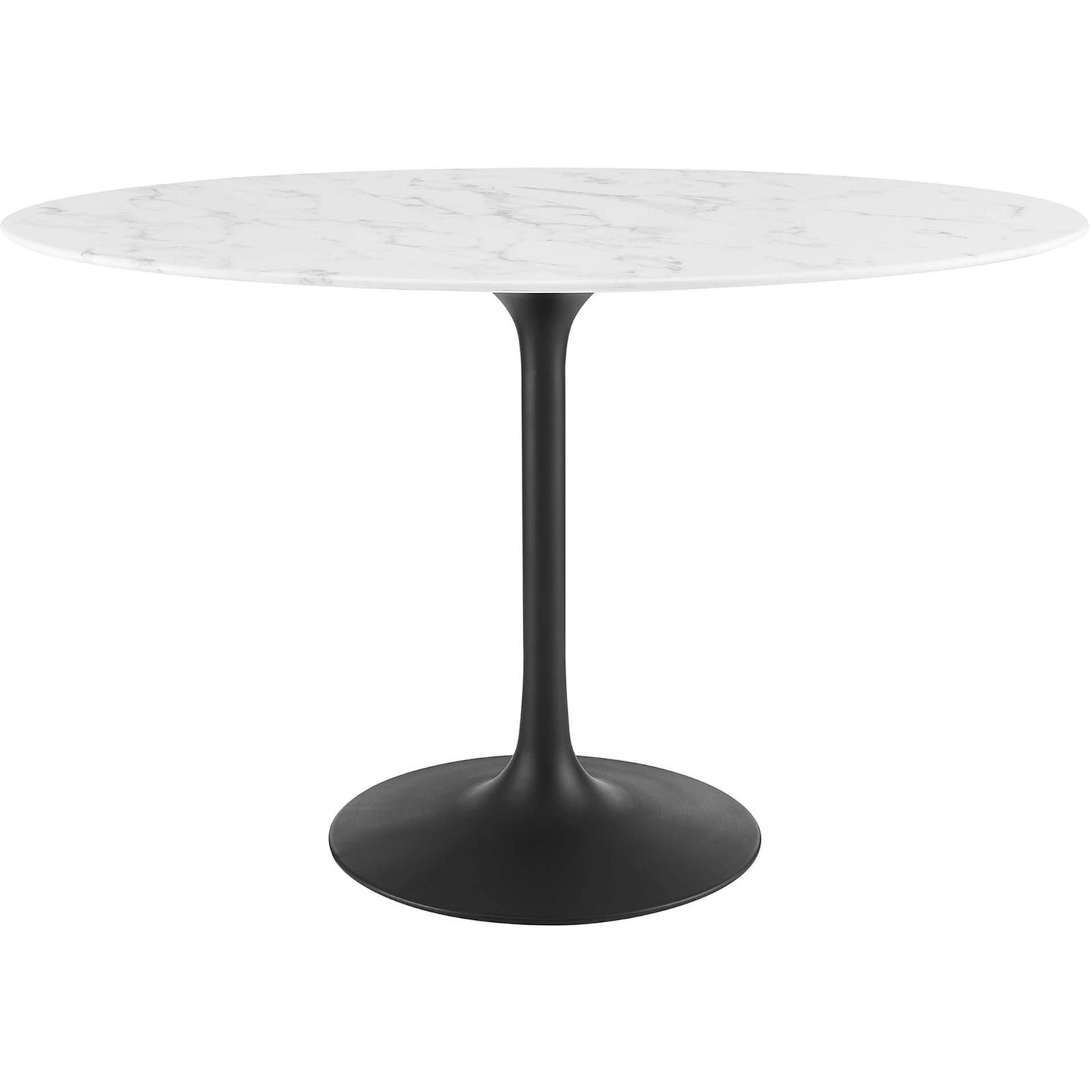 48 inch oval faux marble dining table with smooth white top and black pedestal base || EEI-3518-BLK-WHI || front_studio
