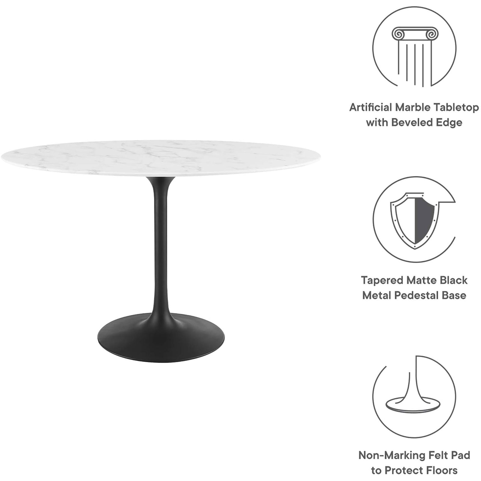 Lippa 48 inch dining table highlighting beveled faux marble top, tapered pedestal base, and floor friendly pad || EEI-3518-BLK-WHI || callout_studio