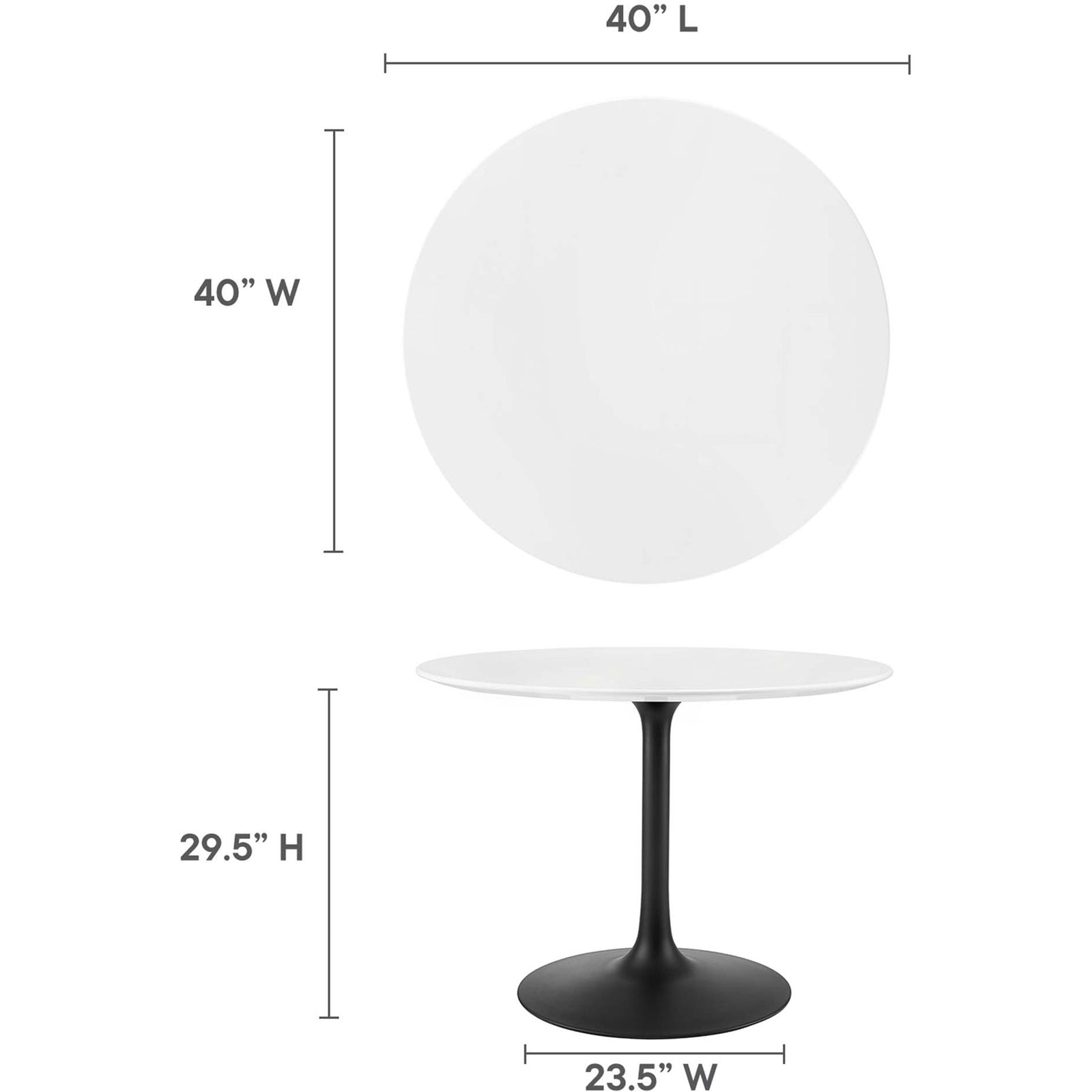 Dimension diagram of round dining table showing 40 inch tabletop diameter, height, and base width || EEI-3521-BLK-WHI || dimension_studio