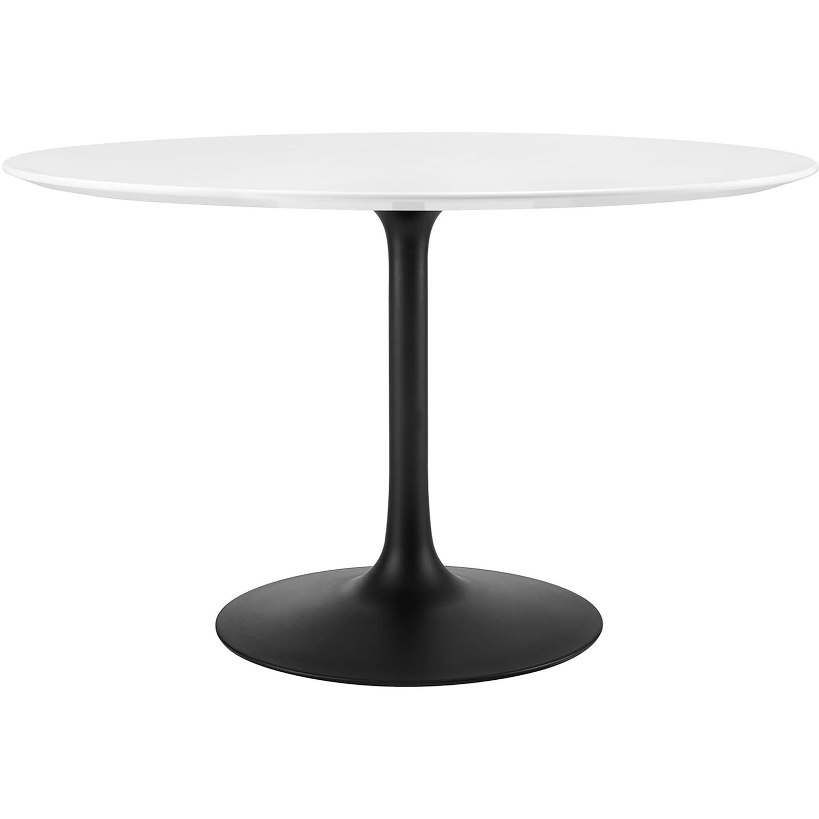 Spacious round pedestal dining table with white top and black base ideal for family meals || EEI-3522-BLK-WHI || front_studio