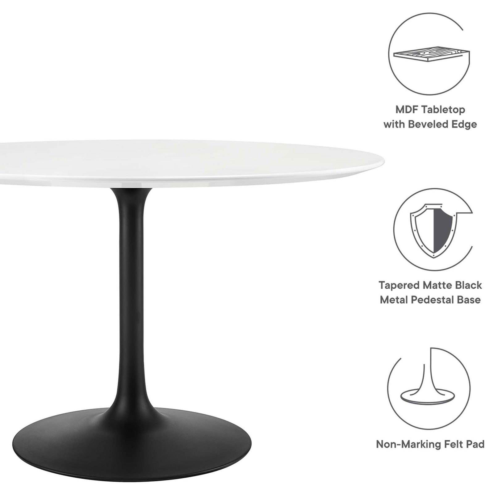 Feature overview detailing MDF tabletop, powder-coated pedestal base, and protective felt pad || EEI-3522-BLK-WHI || callout_studio
