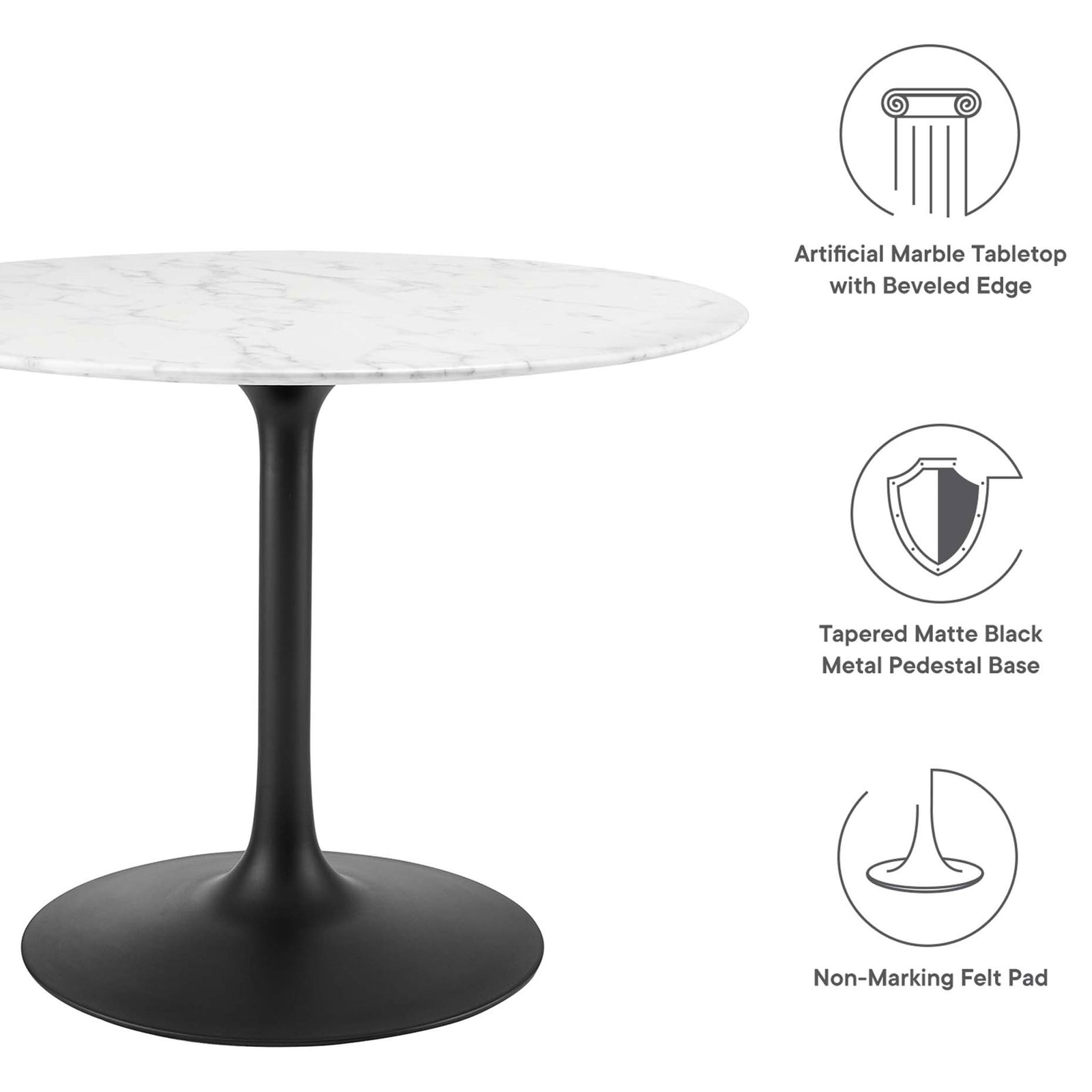Graphic highlighting artificial marble top, tapered pedestal base, and non marking floor pad || EEI-3526-BLK-WHI || callout_studio