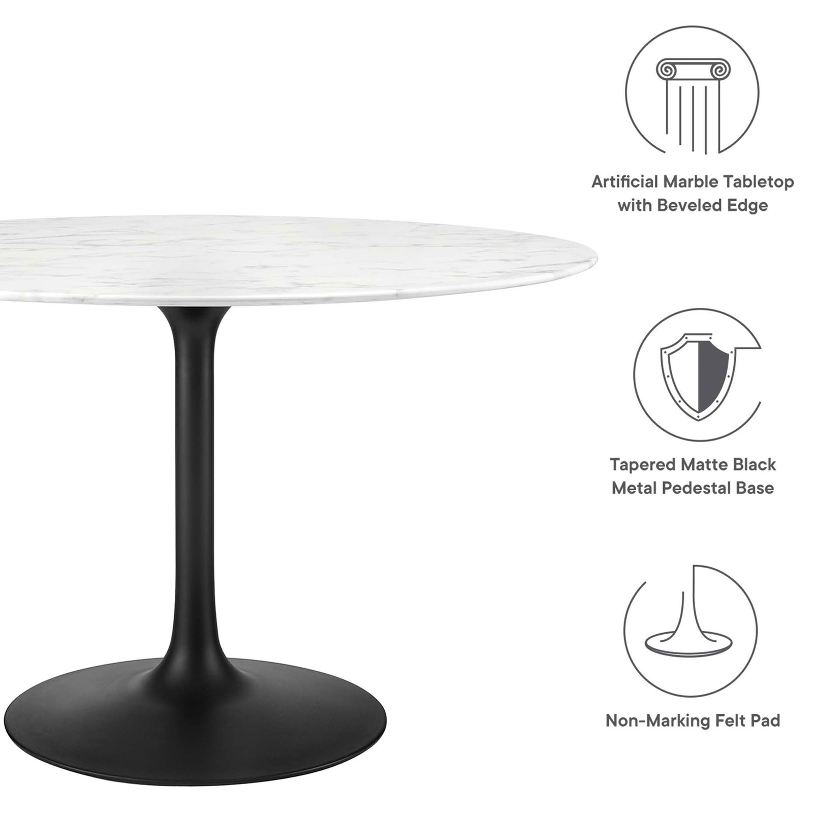 Feature graphic showing marble look top, tapered pedestal base, and protective felt pad || EEI-3527-BLK-WHI || callout_studio