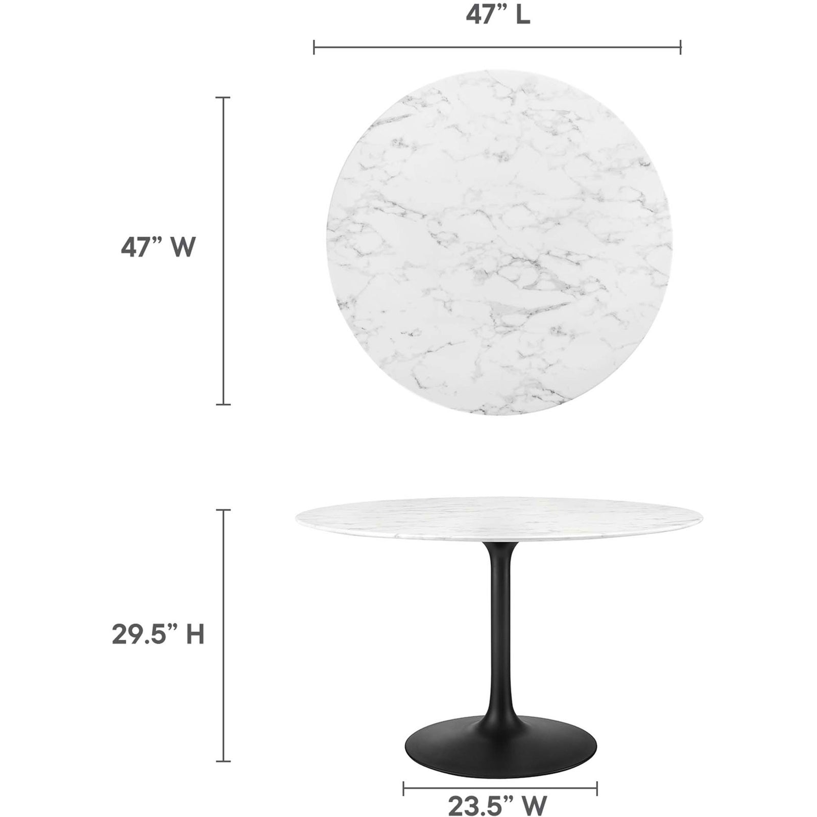 Size guide illustrating overall height, tabletop diameter, and base width for the 48 inch table || EEI-3527-BLK-WHI || dimension_studio
