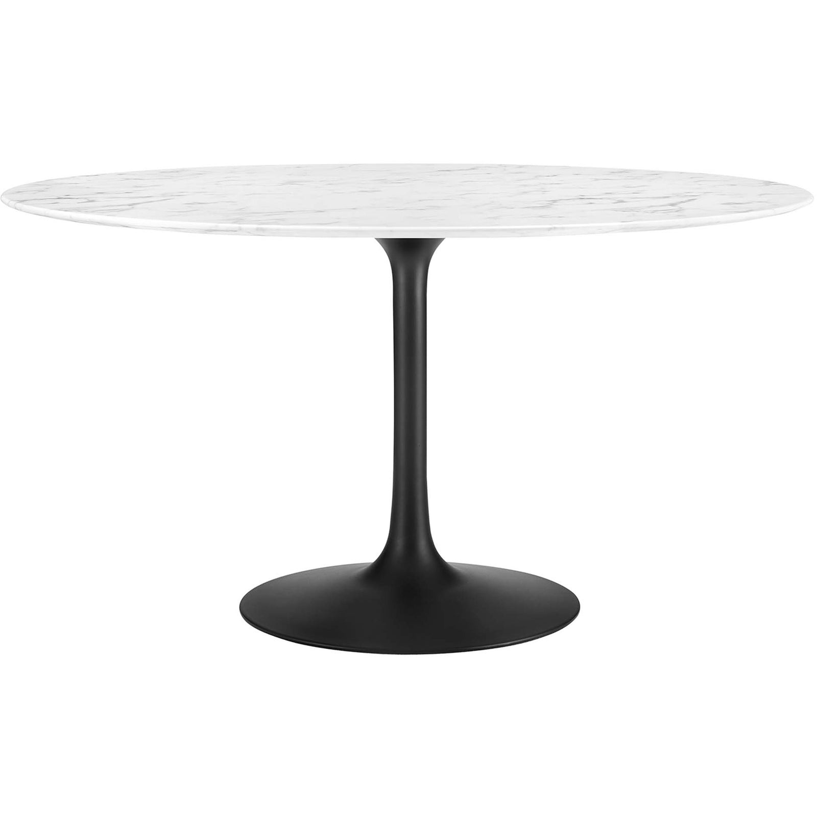 54 inch round faux marble pedestal dining table with elegant black base for spacious gatherings || EEI-3528-BLK-WHI || front_angle_studio