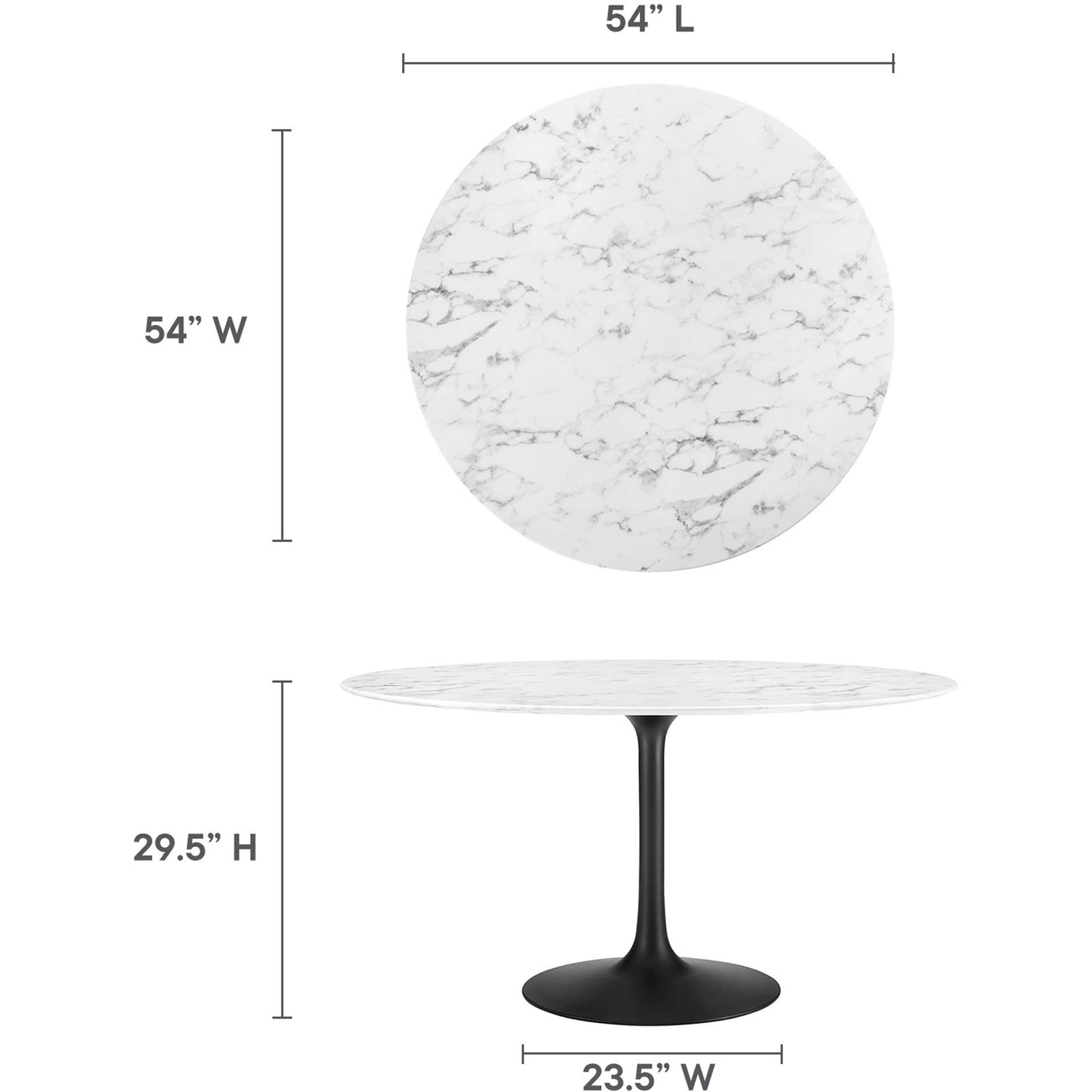 Dimension chart outlining height, diameter, and base width of the 54 inch round dining table || EEI-3528-BLK-WHI || dimension_studio