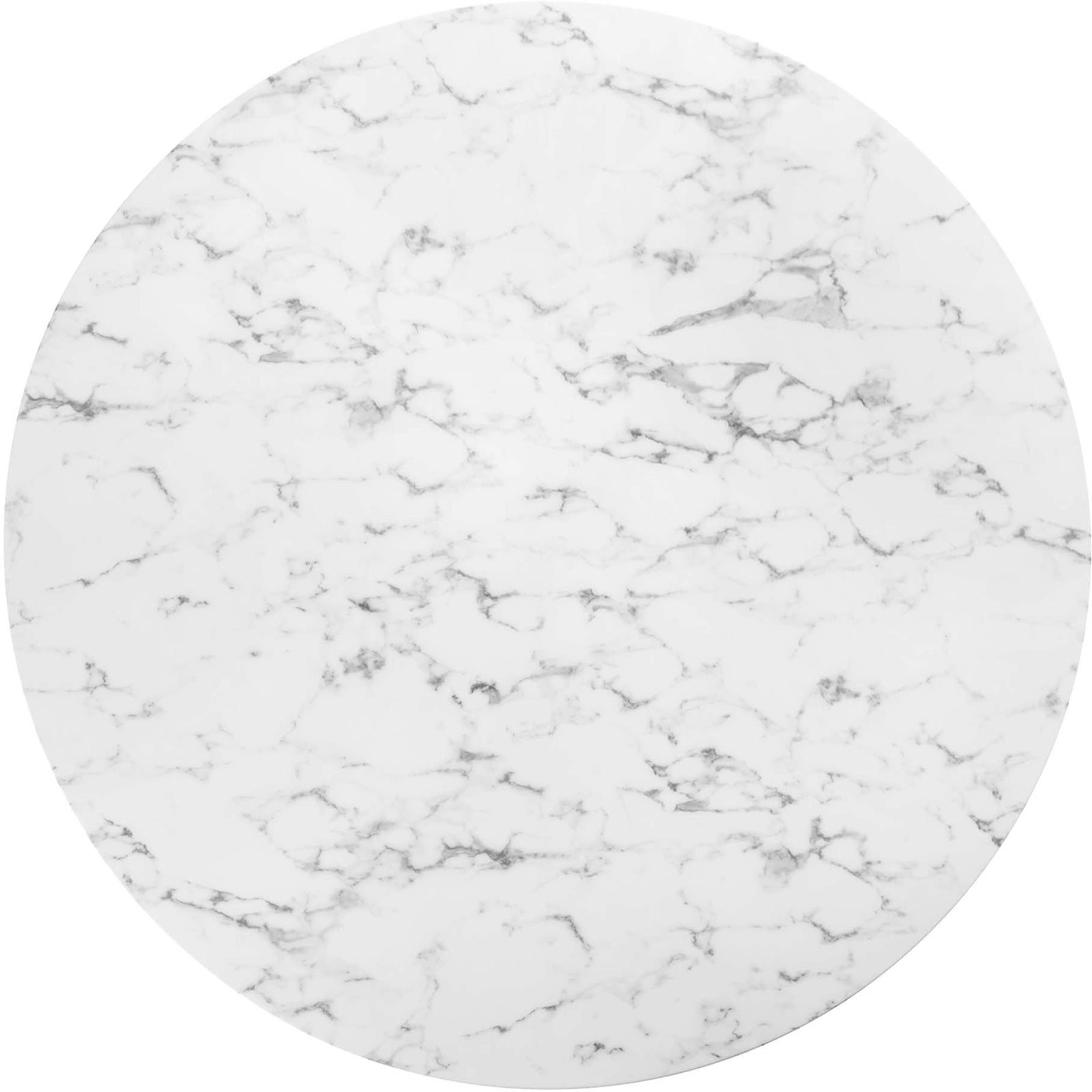 Generous round artificial marble tabletop with soft gray veining on a bright white finish || EEI-3529-BLK-WHI || top_studio