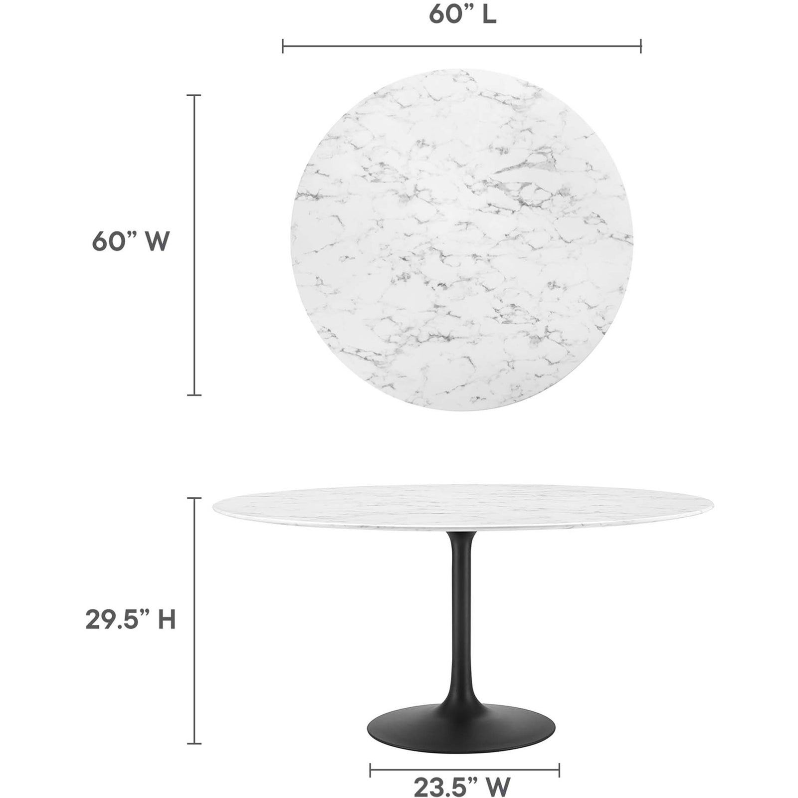 Dimension illustration showing overall height, diameter, and base width for the 60 inch table || EEI-3529-BLK-WHI || dimension_studio