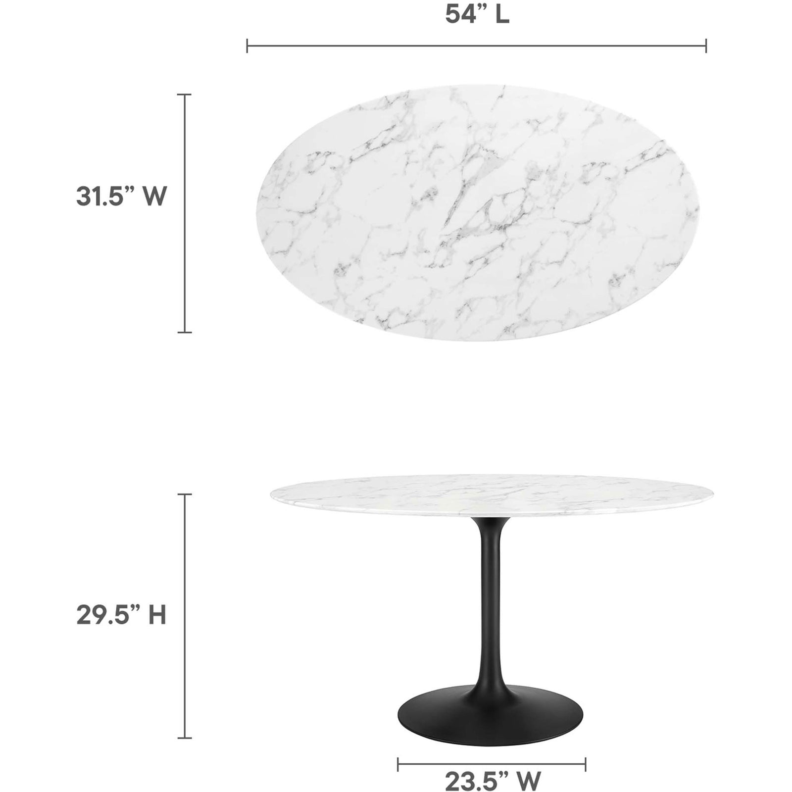 Dimensions of the Lippa 54 inch oval faux marble dining table with labeled height and width || EEI-3530-BLK-WHI || dimension_studio