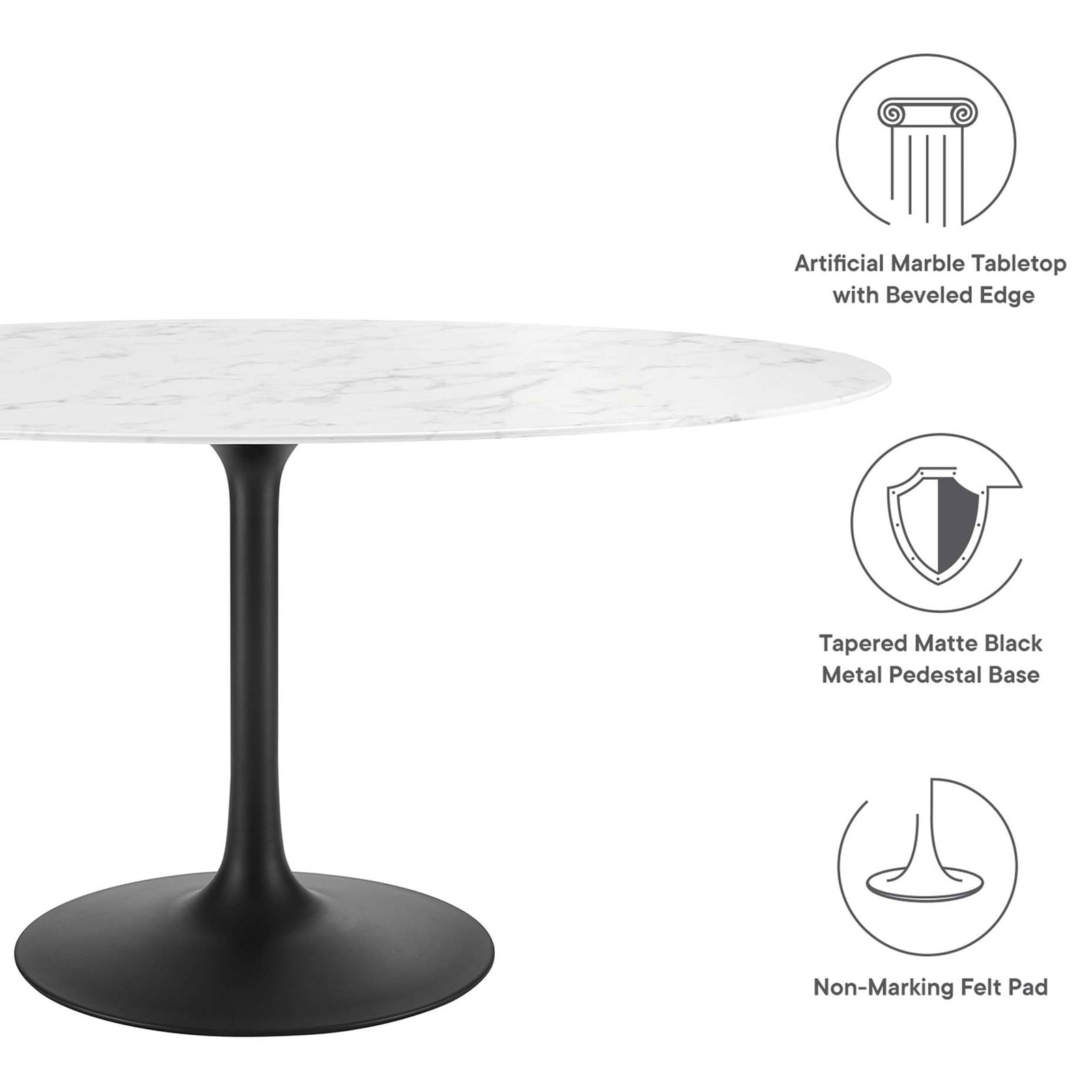 Lippa 60 inch dining table highlighting beveled marble look top, tapered pedestal base, and floor saving pad || EEI-3531-BLK-WHI || callout_studio