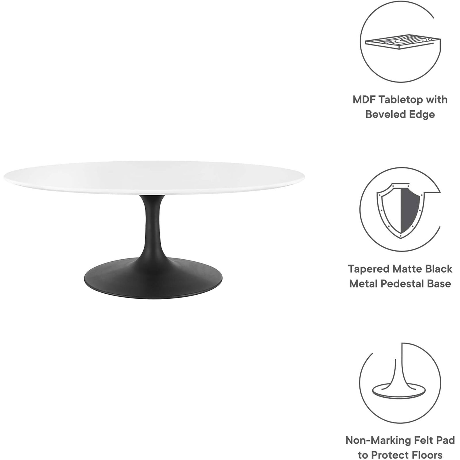Modern coffee table with glossy top, beveled edge, and chip-resistant pedestal base. || EEI-3533-BLK-WHI || callout_studio