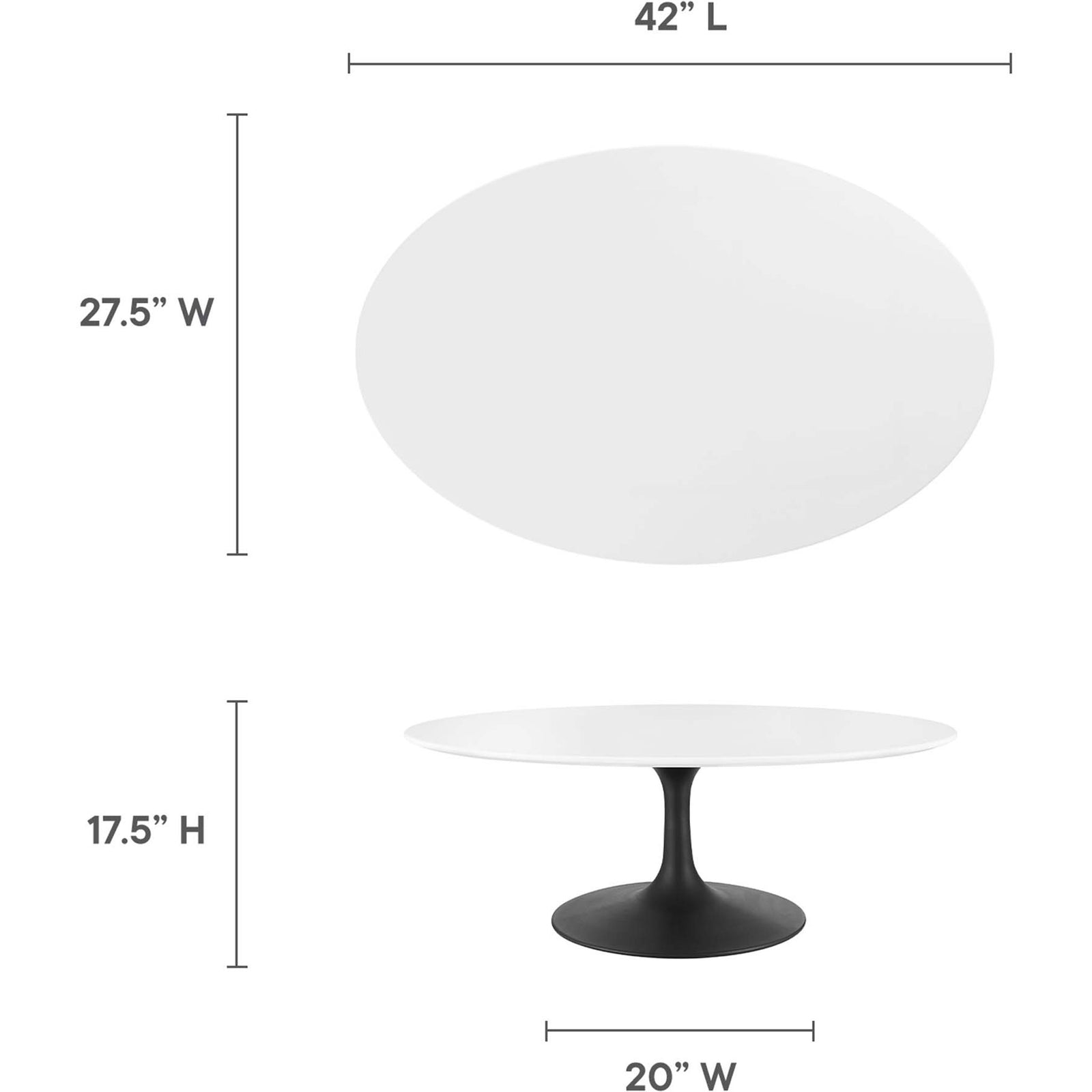 Oval coffee table proportions shown with clear measurements. || EEI-3533-BLK-WHI || dimension_studio